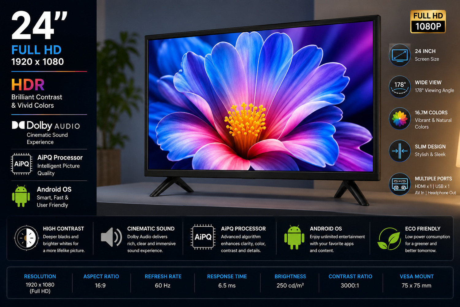 Image of jinis Android Series 60 cm (24 inch) QLED Full HD Smart Android TV 2026 Edition with TV is 24-inch Full HD Android TV with HDR, Dolby Audio and AiPQ Processor.
