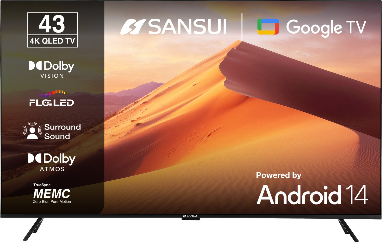 Image of Sansui 109 cm (43 inch) QLED Ultra HD (4K) Smart Google TV with Dolby Vision| HDR10+| Dolby Atmos| HSR 120Hz| MEMC| 30W Surround Sound| FloLED Panel