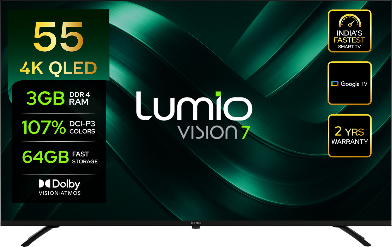 Image of Lumio Vision 7 139 cm (55 inch) QLED Ultra HD (4K) Smart Google TV 2026 Edition with 4K HDR Dolby Vision + Atmos Over 100% Colour Indias Fastest Smart TV* with 3GB RAM + 64 GB storage