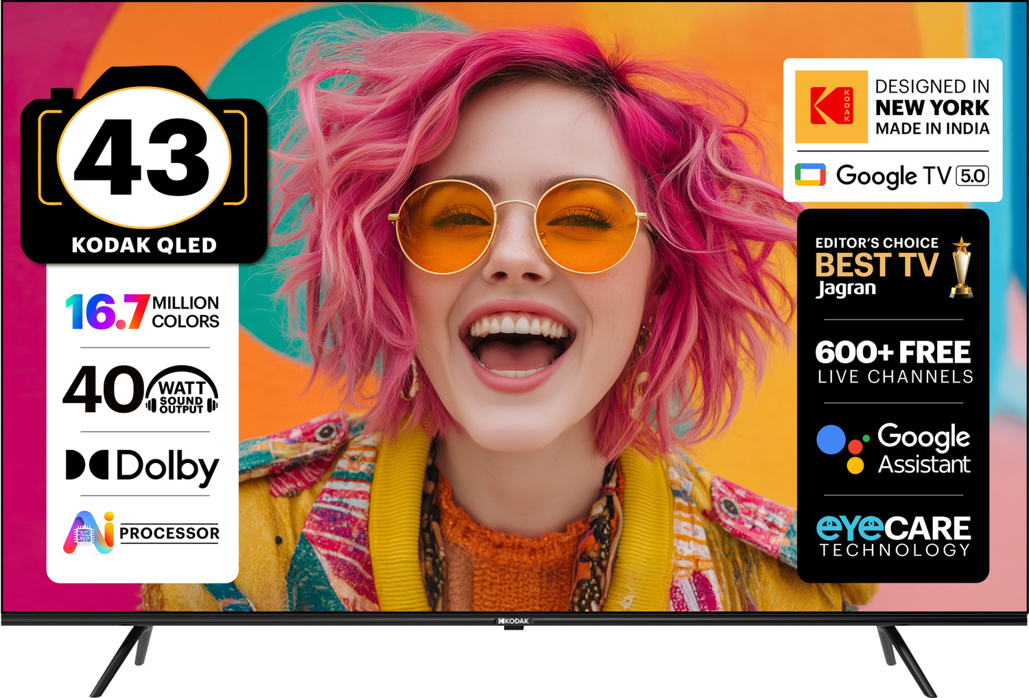 Image of KODAK 108 cm (43 inch) QLED Full HD Smart Google TV 2026 Edition with Google Voice Assistant Remote Control 40 Watt Sound Output Dolby Sound 600+ Free Live Channels Digital Tuner Eye Care Technology 10000+ Apps & Games Bezel Less Design Chromecast