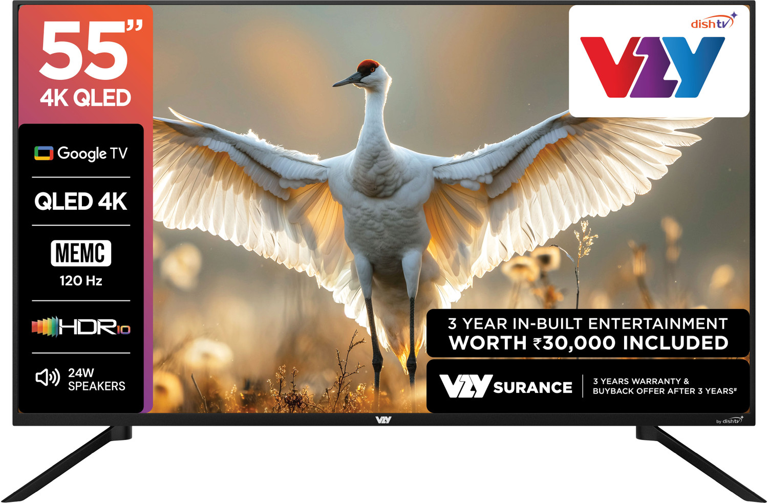 Image of VZY by DishTV A-Series 140 cm (55 inch) QLED Ultra HD (4K) Smart Google TV with 3-Year Premium Bundled Content Offering (200+DTH Channels & 18+OTTs- Jio Hotstar, Sony Liv, Z5..) 3 Years WarrantyMEMC 120 HzHDR10ALLM 2GB RAM, 32GB Storage24W Speaker Dolby AudioVoice Assistant Remote Googlecast Built-in