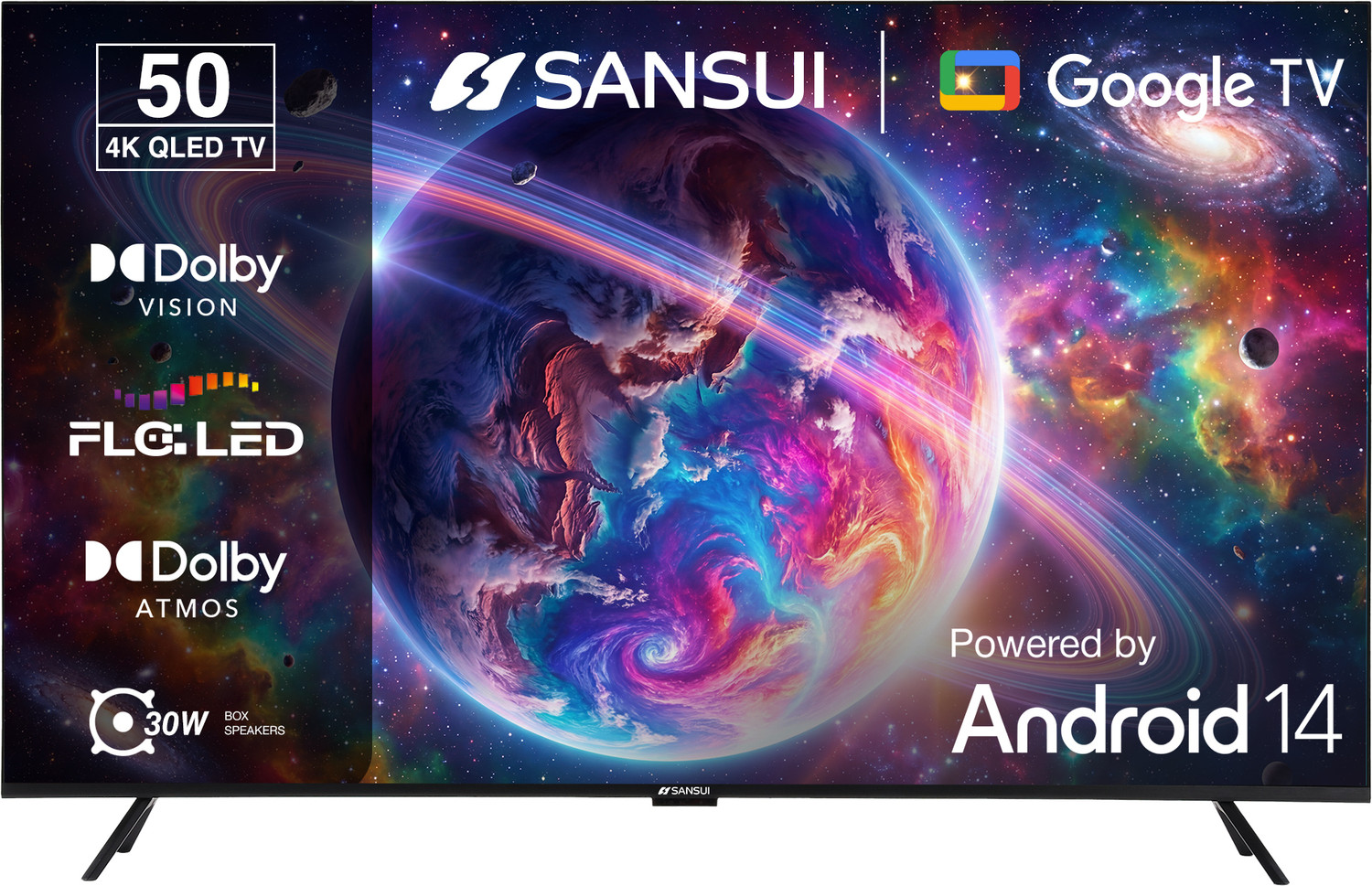 Image of Sansui 127 cm (50 inch) QLED Ultra HD (4K) Smart Google TV with Dolby Vision| HDR10+| Dolby Atmos| HSR 120Hz Refresh Rate| MEMC| 30W Surround Sound| FloLED Panel