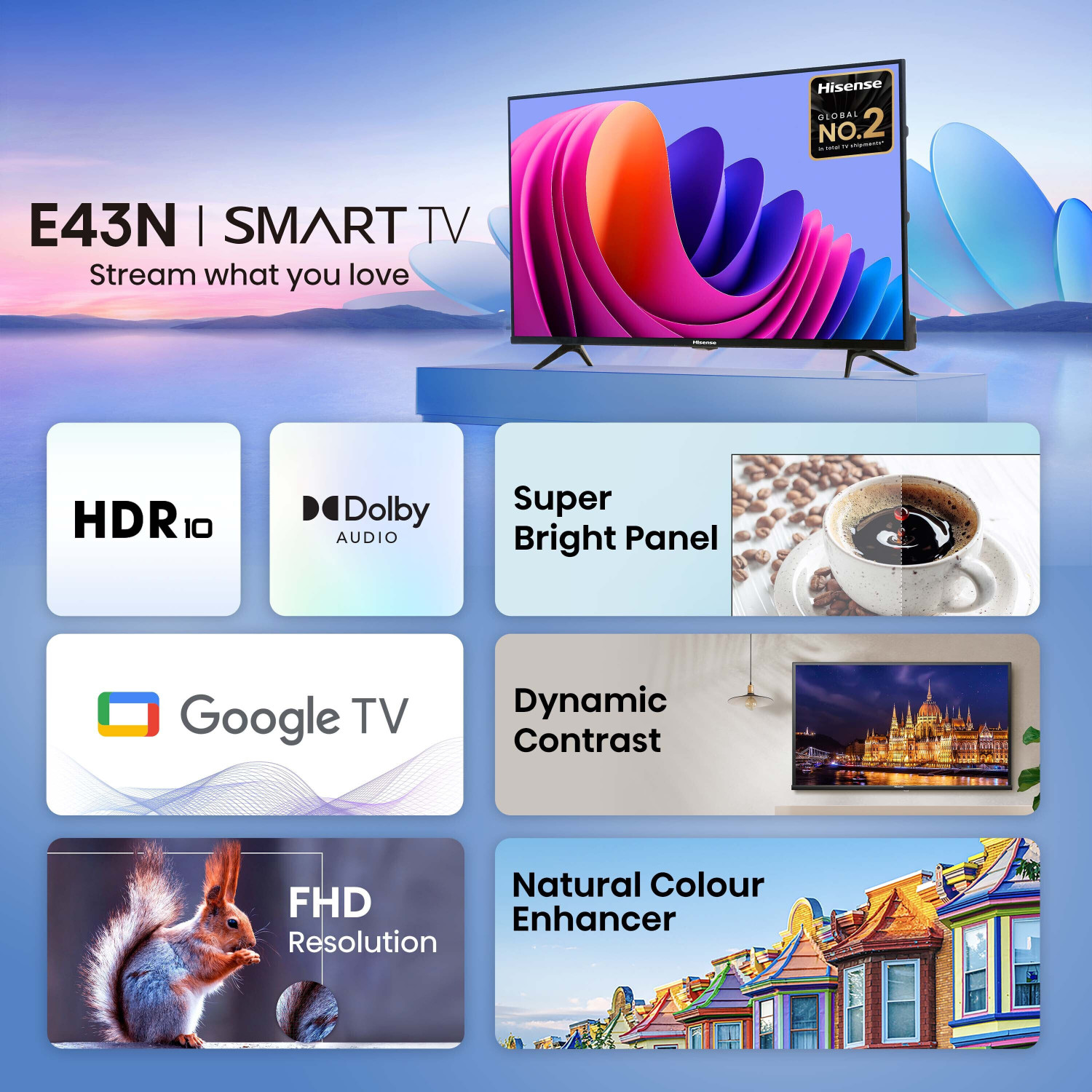 Image of Hisense 108 cm (43 inch) Full HD LED Smart Google TV with Dolby Audio, 30W Powerful Sound, HDR 10, Super Bright Panel