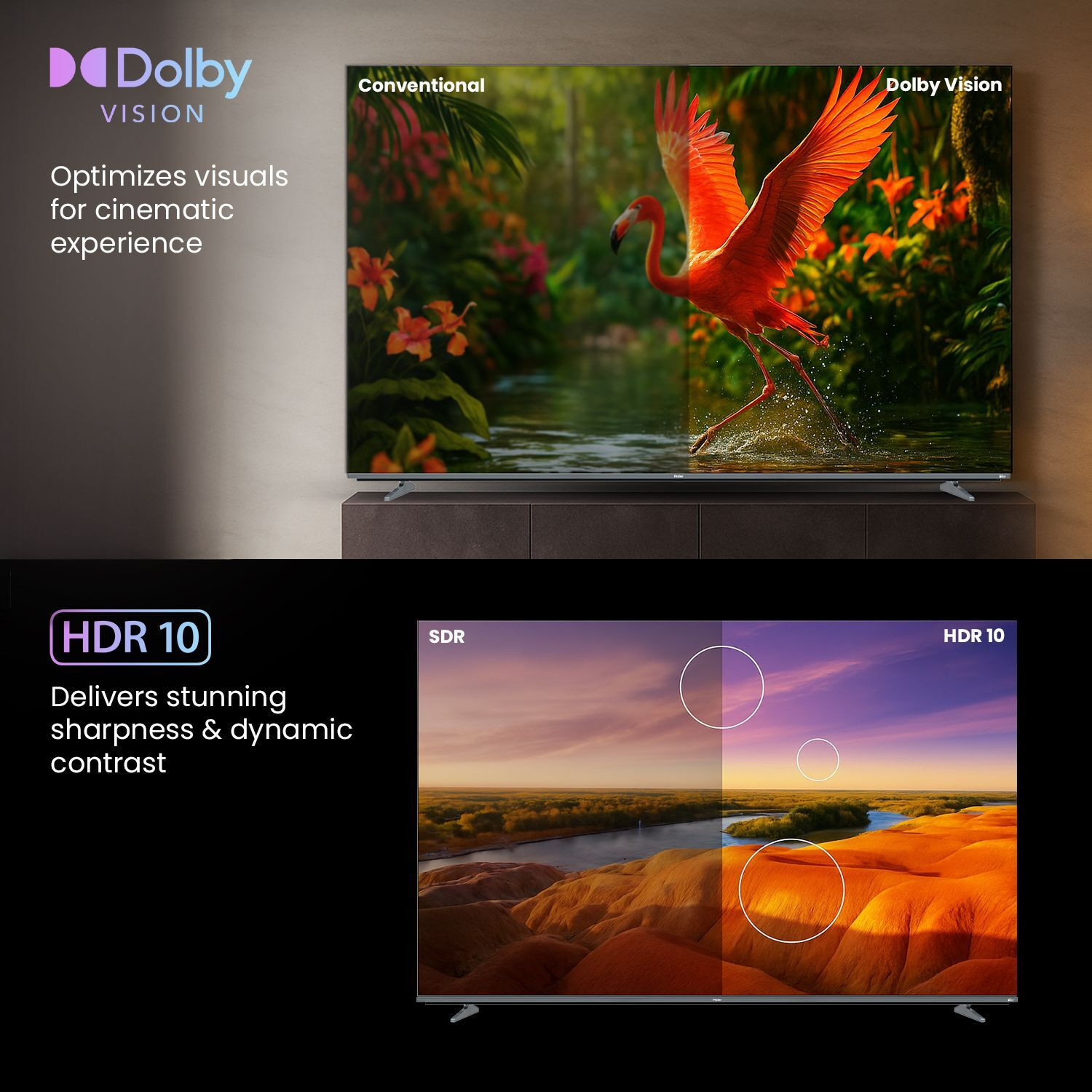 Image of Haier M80 139 cm (55 inch) Ultra HD (4K) Mini LED Smart Google TV with Dolby Vision, 2.1 Ch 50W Speaker with suboofer | Sound By KEF | Dolby Atmos , Solar remote