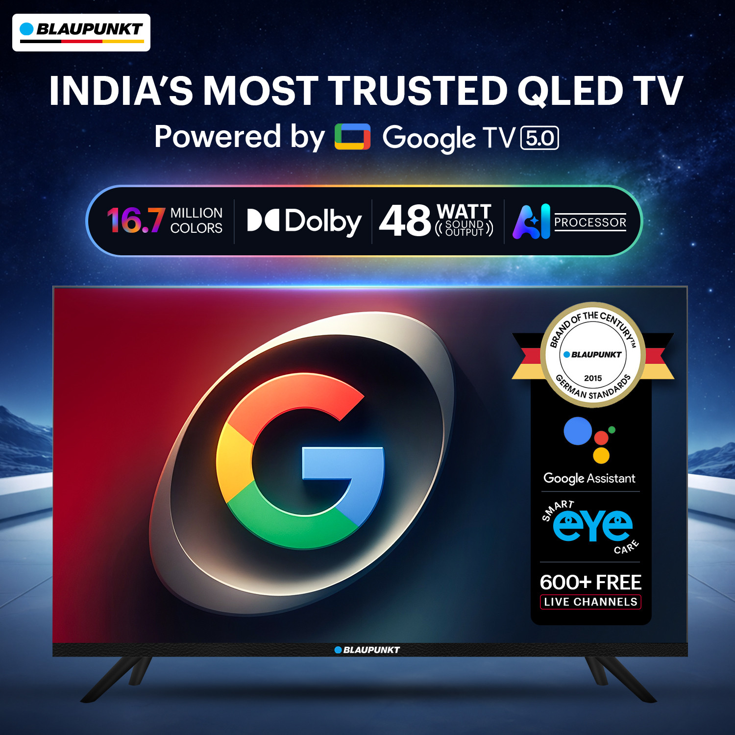 Image of Blaupunkt 80 cm (32 inch) QLED HD Ready Smart Google TV 2026 Edition with Google Voice Assistant Remote Control 48 Watt Sound Output Dolby Sound 600+ Live Channels Digital Tuner Eye Care Technology 10000+ Apps & Games Bezel Less Design Chromecast