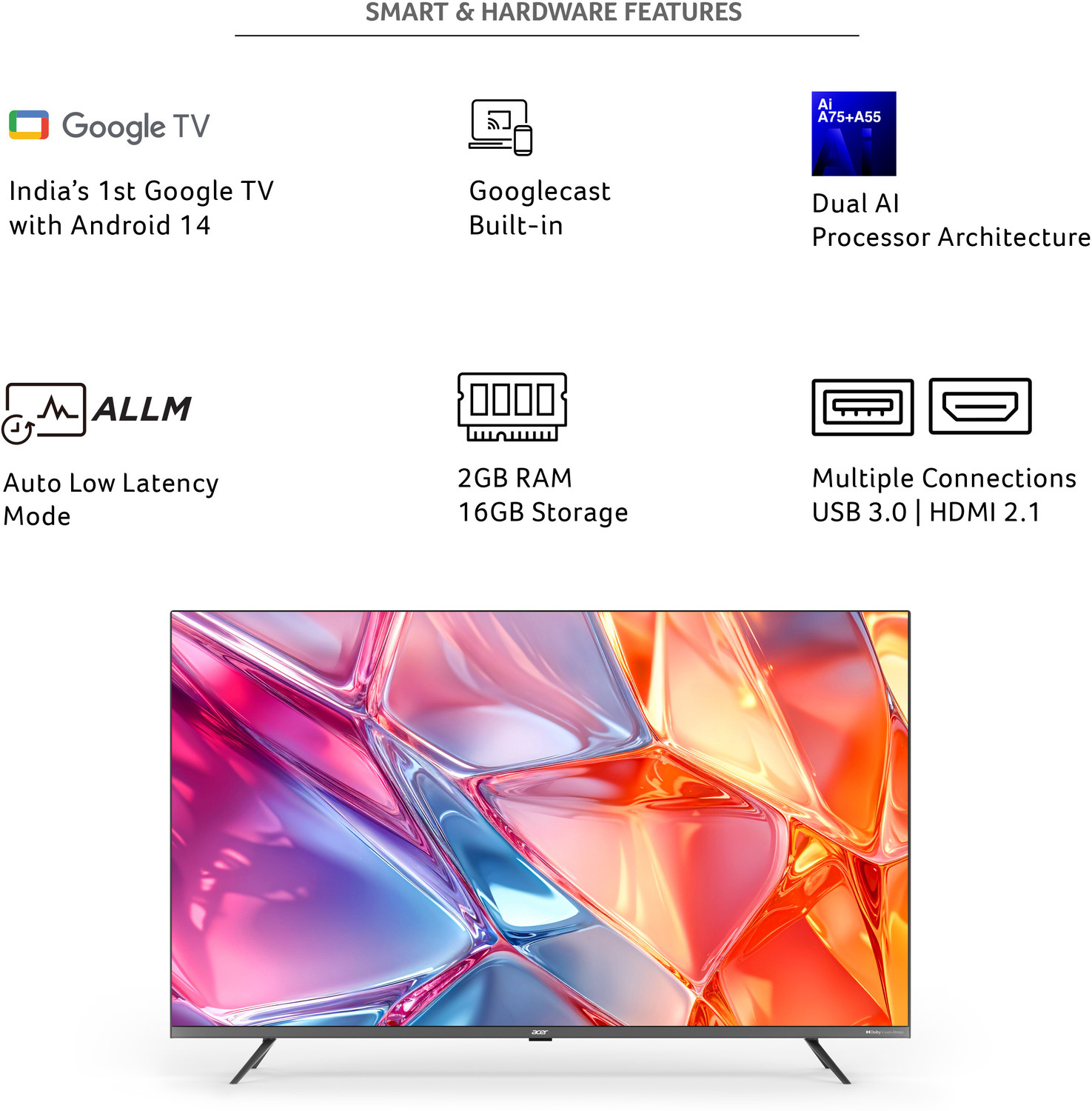 Image of Acer Super Series 108 cm (43 inch) QLED Ultra HD (4K) Smart Google TV with Android 14 (Black) | MEMC | ALLM | VRR | AI Picture Optimisation | 80W PRO Speakers | GIGA Bass | Dolby Vision-Atmos