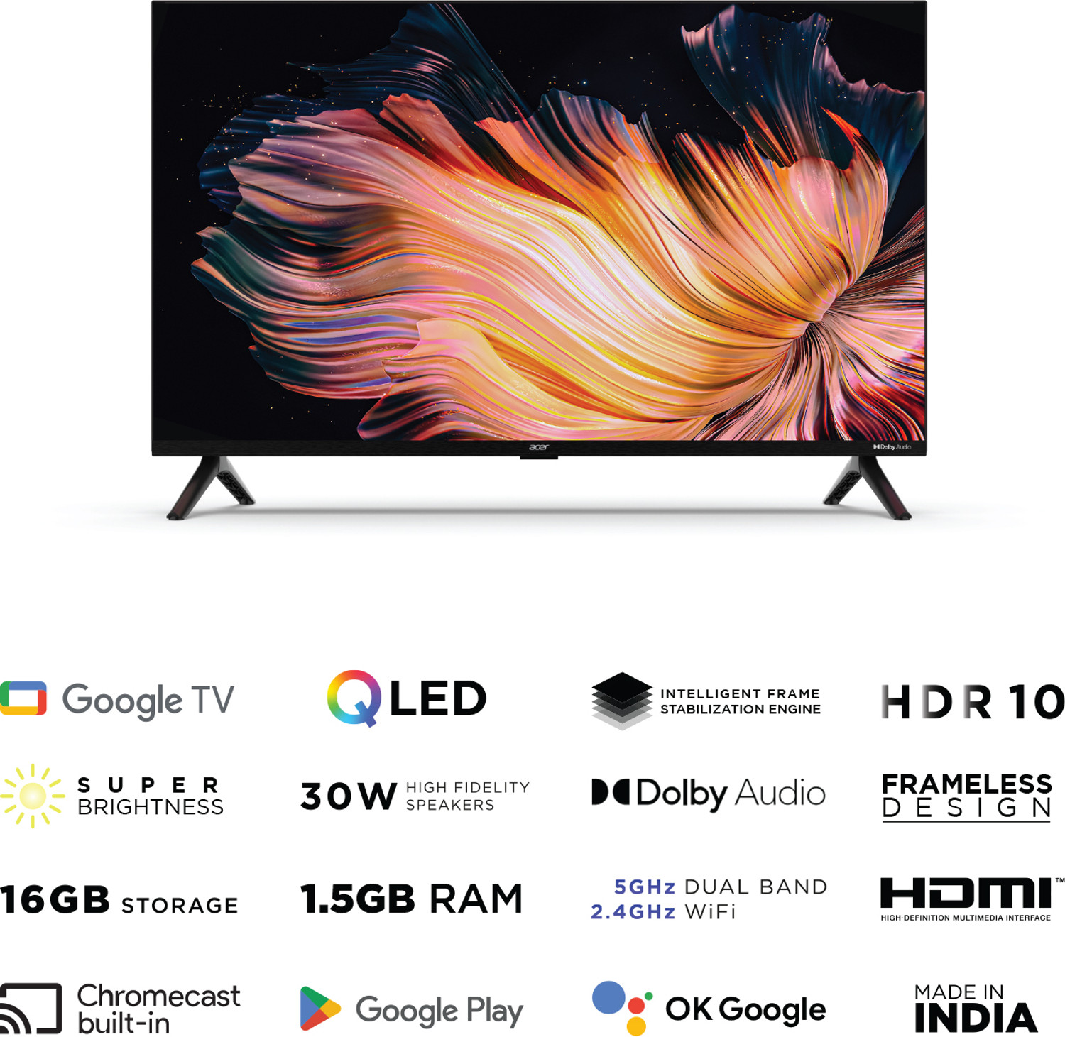 Image of Acer V Series 80 cm (32 inch) QLED HD Ready Smart Google TV with 30W Dolby Audio, 1.5GB RAM, 16GB Storage