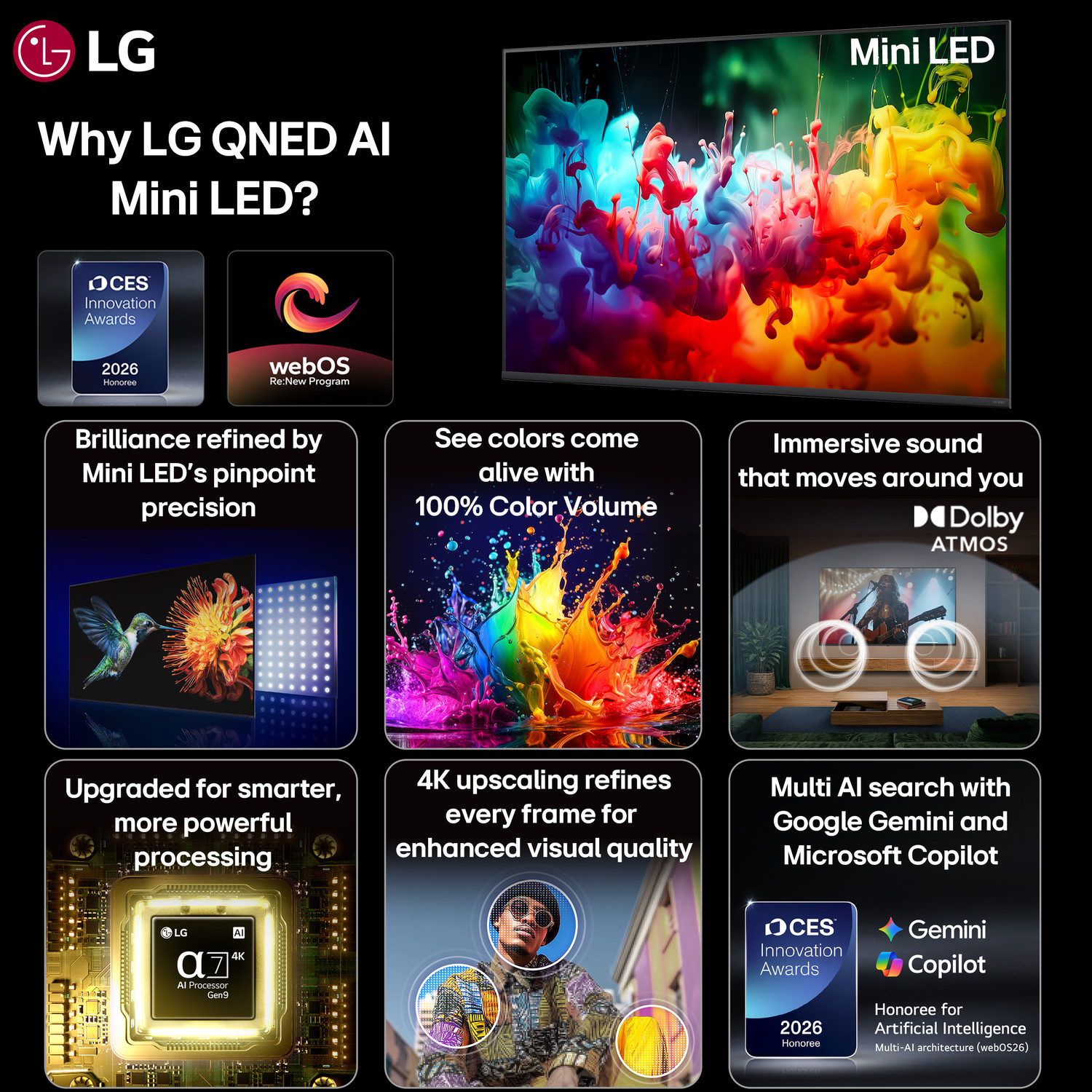 Image of LG AI QNED65 108 cm (43 inch) Ultra HD (4K) Mini LED Smart WebOS TV 2026 Edition with Dynamic QNED Color, Alpha7 AI Processor 4K Gen8, HDR10 Pro, Dolby Atmos, AI Sound Pro (9.1.2 ch), Multi AI (Google Gemini & MS Copilot), Linear Flow Design, 60Hz VRR, 5 Years OS upgrade, Secured by LG Shield, LG Channels