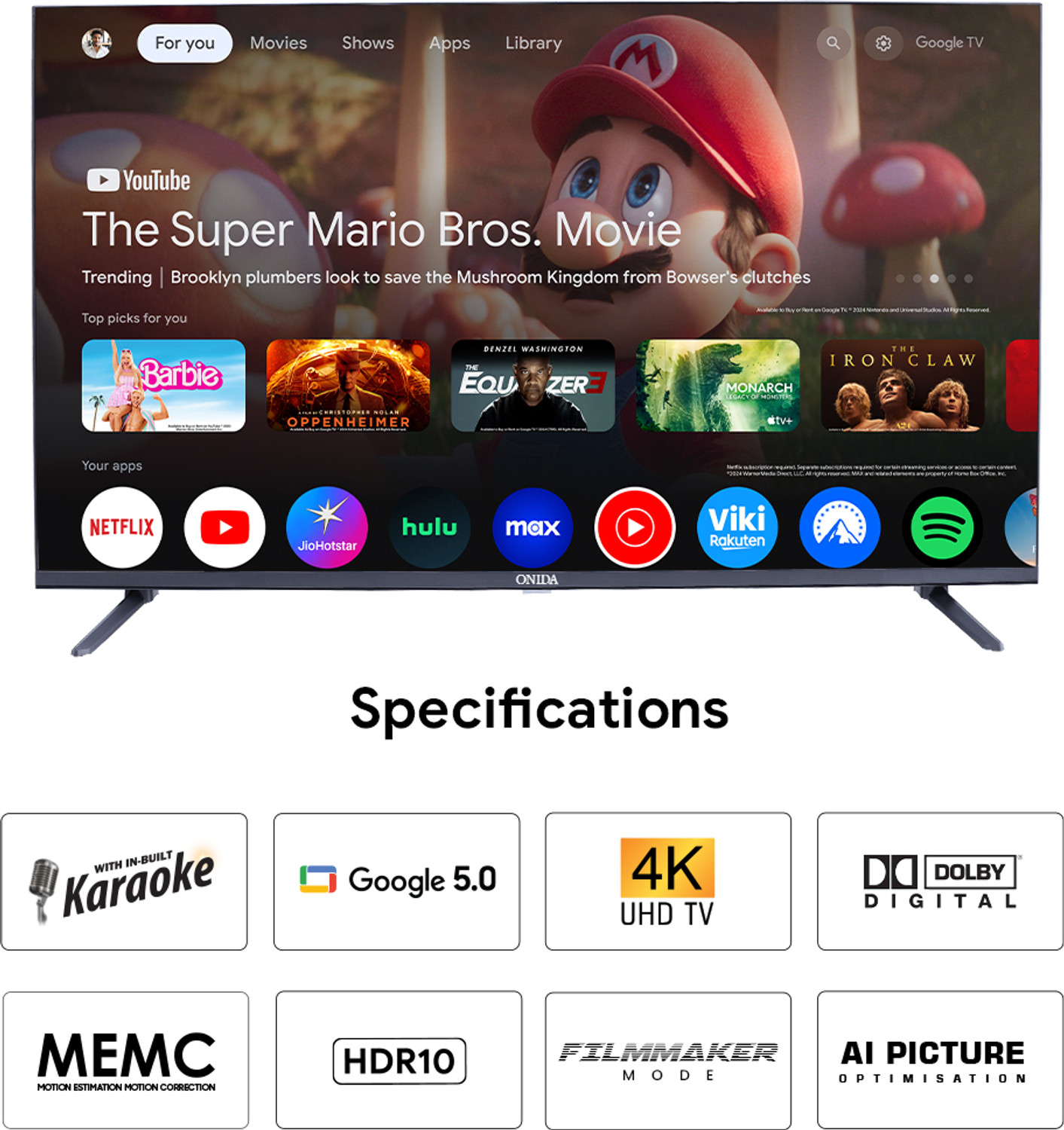 Image of ONIDA Karaoke Series 108 cm (43 inch) Ultra HD (4K) LED Smart Google TV 2025 Edition with Google 5.0, MEMC