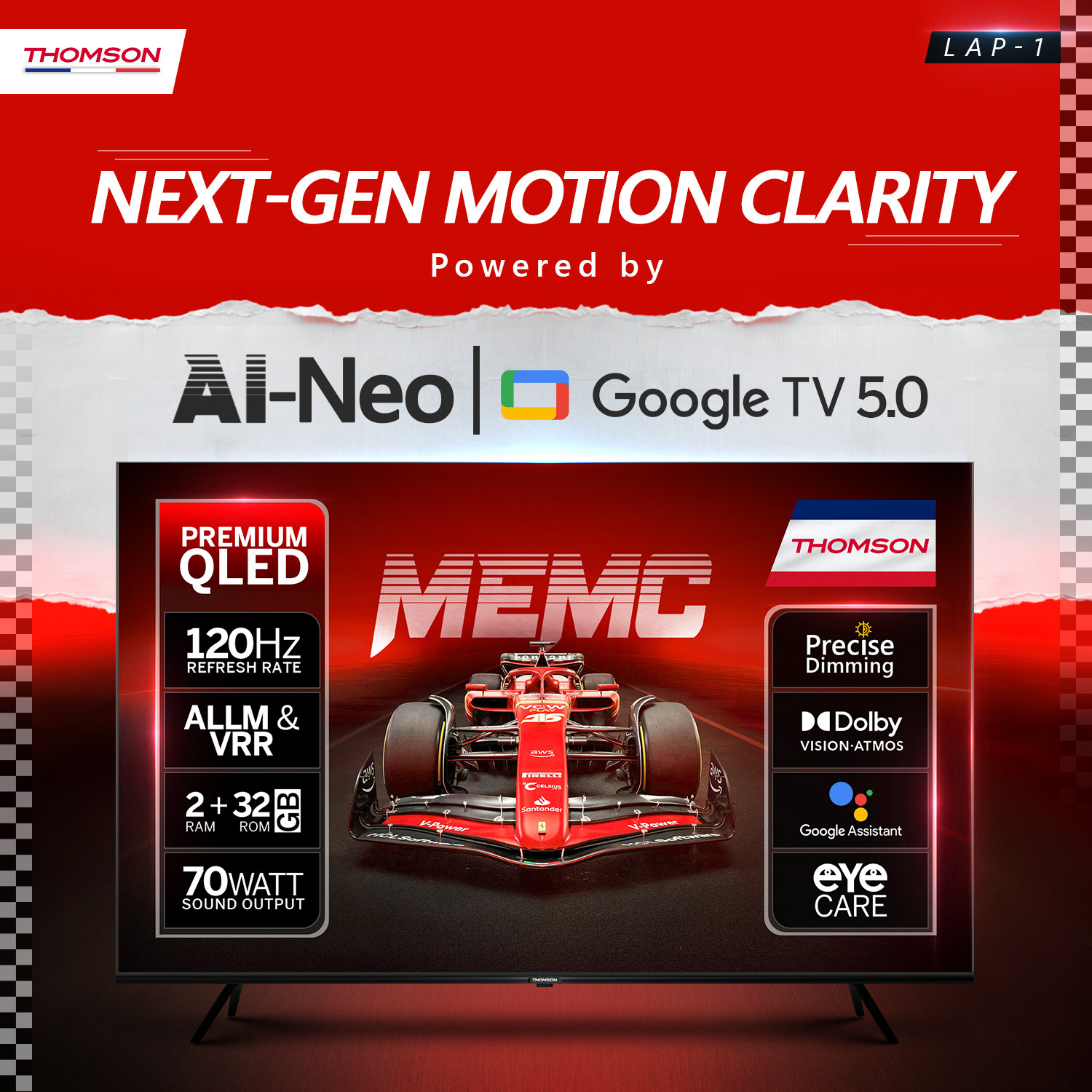 Image of Thomson NeoX 189 cm (75 inch) QLED Ultra HD (4K) Smart Google TV with Gemini , MEMC Dolby Vision - Atmos 70W Sound Output powered by Blaupunkt 4 Speaker 32 GB Storage 550 Nits Brightness Precise Dimming HDR10+ 120 Hz Refresh Rate HLG ALLM & VRR Eyecare Technology Google Assistant Bezel Less Design