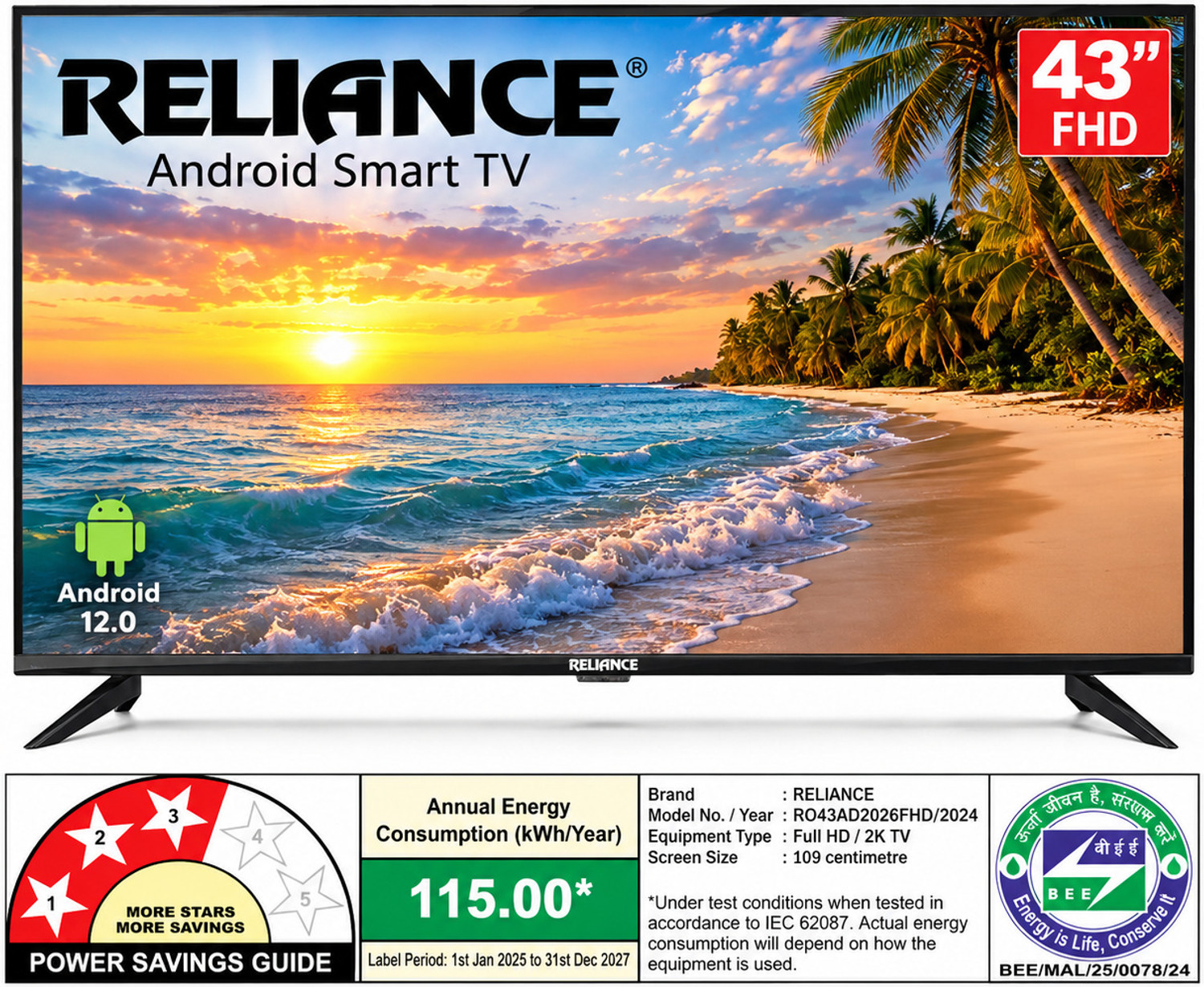 Image of Reliance 108 cm (43 inch) Full HD LED Smart Android TV 2026 Edition with Full HD 1920x1080 Display | 4 Core CPU | 1GB RAM + 8GB Storage | Wi-Fi 2.4G /5G | Bluetooth | Voice Remote | HDMI & USB | 2 USB ports, 2 HDMI inputs, 2 AV inputs, 1 Audio In and 1 Earphone output (RO43AD2026FHD)