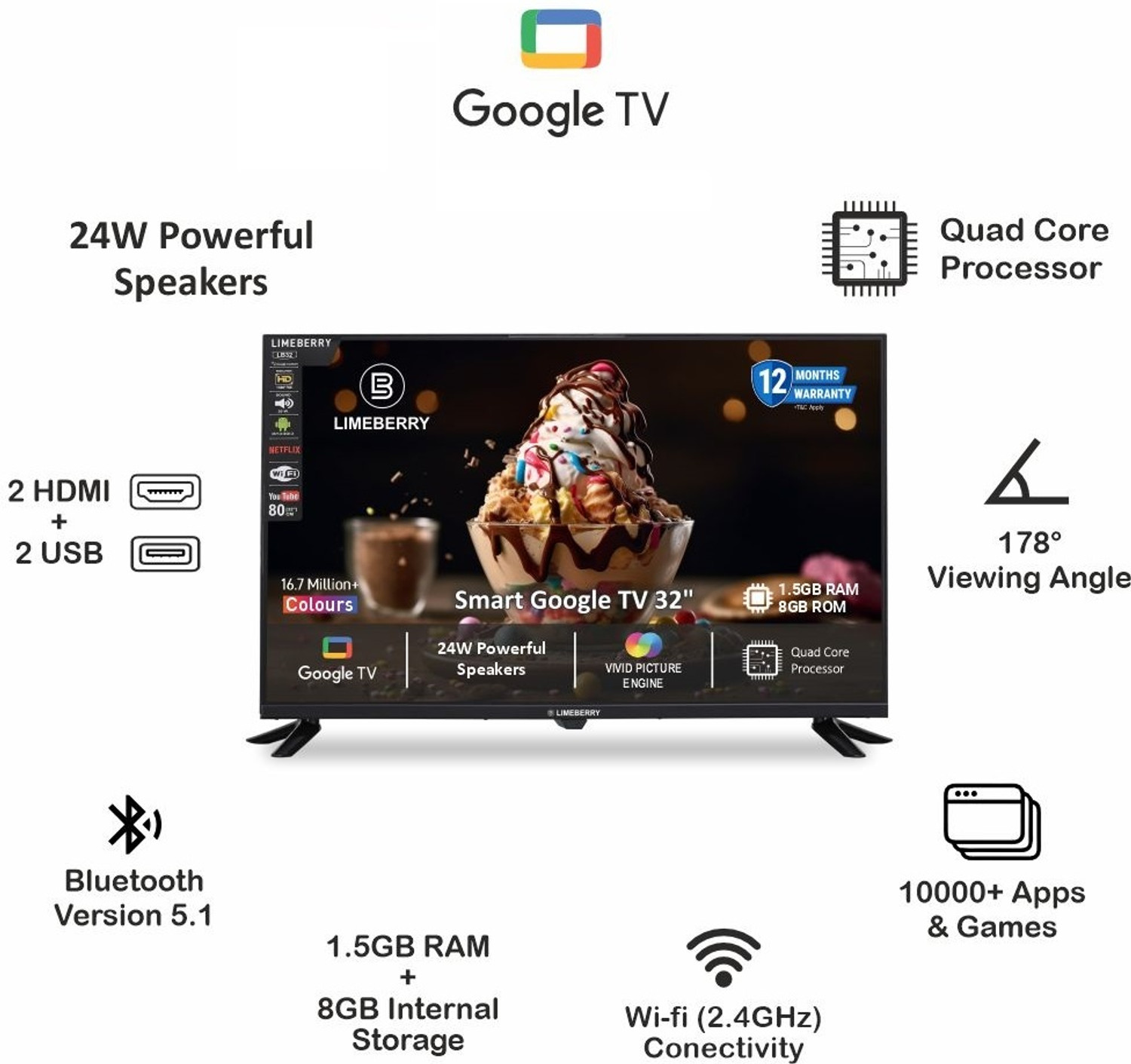 Image of LIMEBERRY Google 81 cm (32 inch) Full HD LED Smart Google TV with Remote