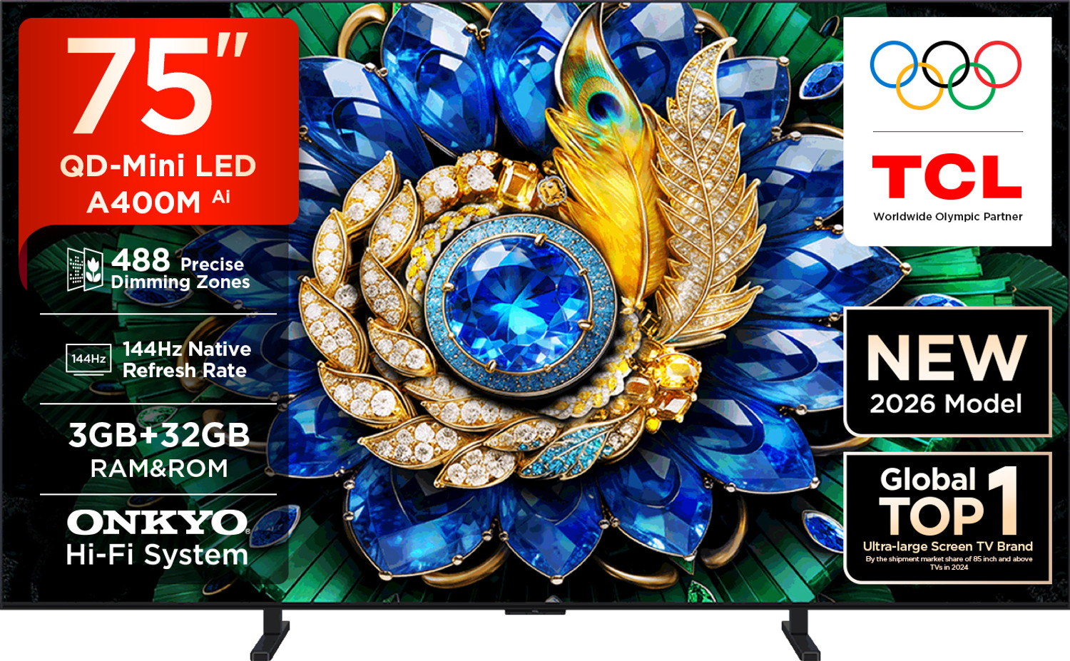 Image of TCL A400M 189.31 cm (75 Inch) Ultra HD (4K) Mini LED Smart Google TV 2026 Edition with ONKYO Hi-Fi System Up to 488 Precise Dimming Zones 288 VRR High HDR Brightness TSR AiPQ Processor AMD Free Sync Premium TCL Ai Ultra-slim Unibody Design