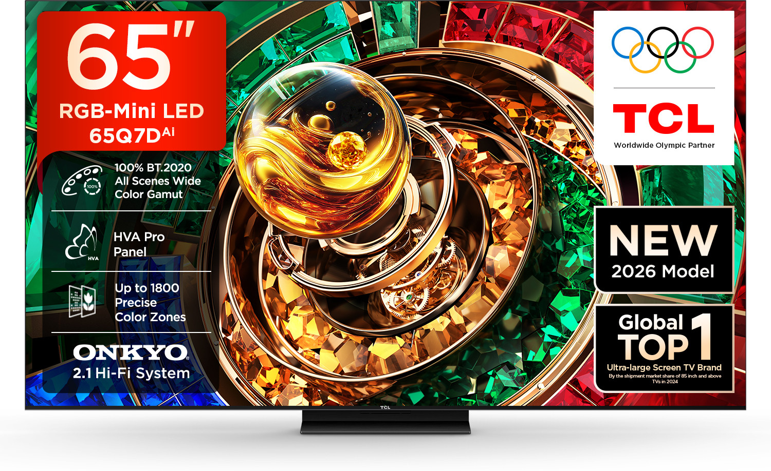 Image of TCL Q7D 163.83 cm (65 inch) Ultra HD (4K) Mini LED Smart Google TV 2026 Edition with Up to 2160 Precise Dimming Zones Up to HDR 2000 nits HVA Pro Panel with Up to 100% BT.2020 46W ONKYO 2.1Hi-Fi with Flush Unibody & Slim Design RGB-Mini LED