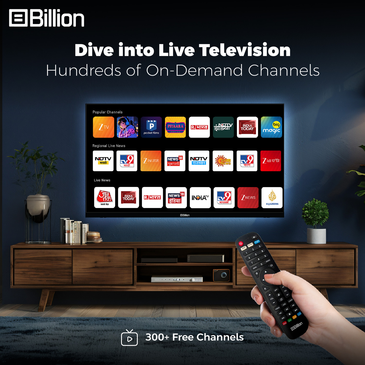 Image of Billion 80 cm (32 inch) HD Ready LED Smart Android TV with Thunder OS, Live TV, Netflix, 100+ Apps, 20W Speakers, 300 Nits Brightness, Bezel-less Design