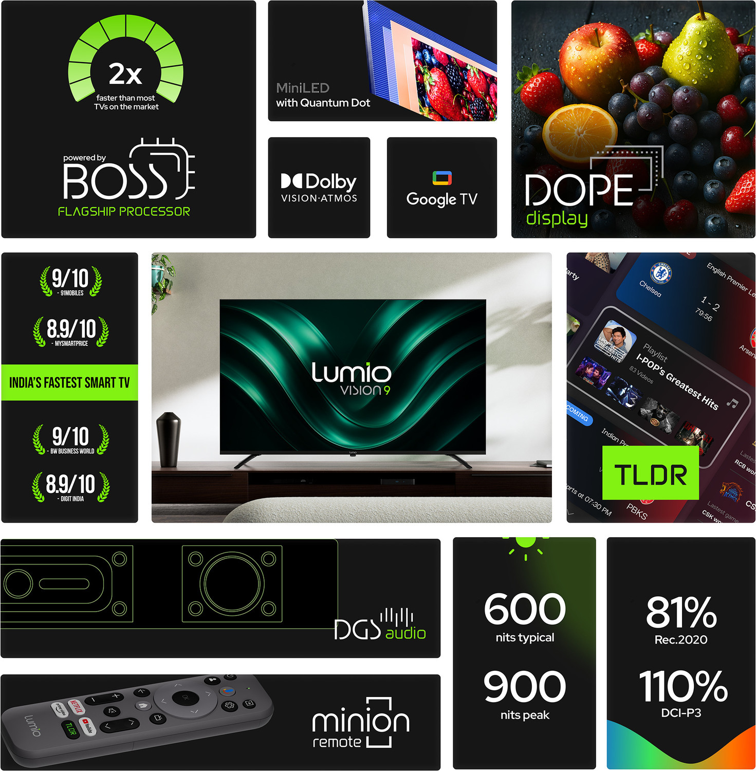 Image of Lumio Vision 9 139 cm (55 inch) Ultra HD (4K) Mini LED Smart Google TV 2025 Edition with 4K HDR Dolby Vision + Atmos 1000+ MiniLEDs and 900 Nits Peak Brightness Over 100% Colour India's Fastest Smart TV* with 3GB RAM