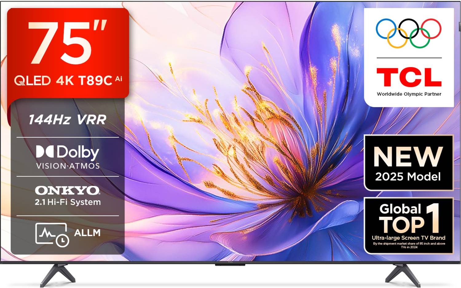 TCL T89C 189 cm (75 inch) QLED Ultra HD (4K) Smart Google TV with HVA Panel | Dolby Vision- Atmos, 35W ONKYO 2.1 Hi-Fi System | 144 Hz VRR | MEMC 120 Hz