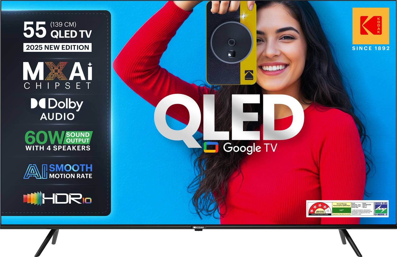 KODAK Matrix 139 cm (55 inch) QLED Ultra HD (4K) Smart Google TV with 60W Sound Output | 4 Speaker | 550 Nits Brightness | HDR 10 with WCG | Dolby Atmos | Dolby Digital Plus | AI PQ Chipset | AI Smooth Motion | Google Assistant | Bezel Less Design