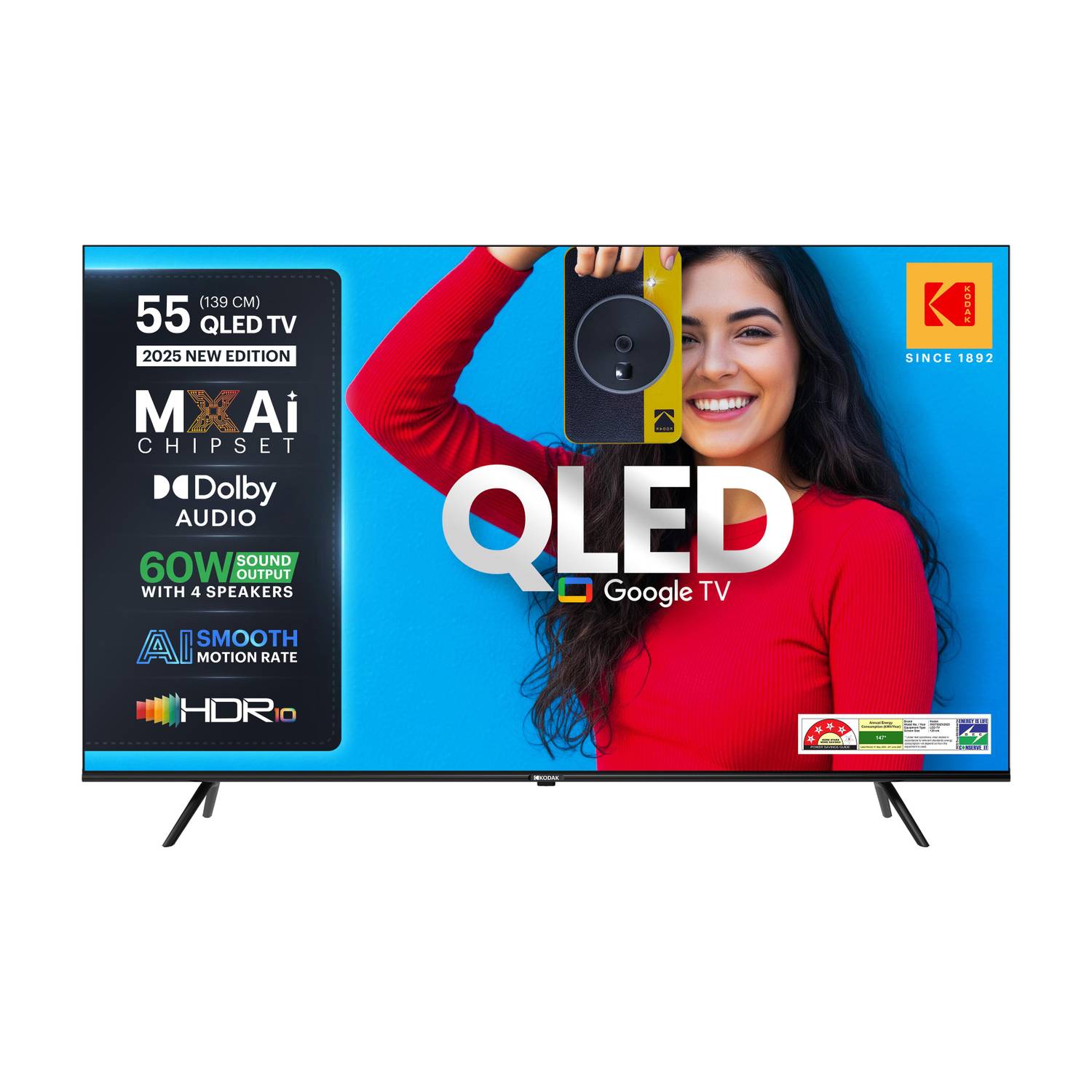 KODAK Matrix 139 cm (55 inch) QLED Ultra HD (4K) Smart Google TV with 60W Sound Output | 4 Speaker | 550 Nits Brightness | HDR 10 with WCG | Dolby Atmos | Dolby Digital Plus | AI PQ Chipset | AI Smooth Motion | Google Assistant | Bezel Less Design
