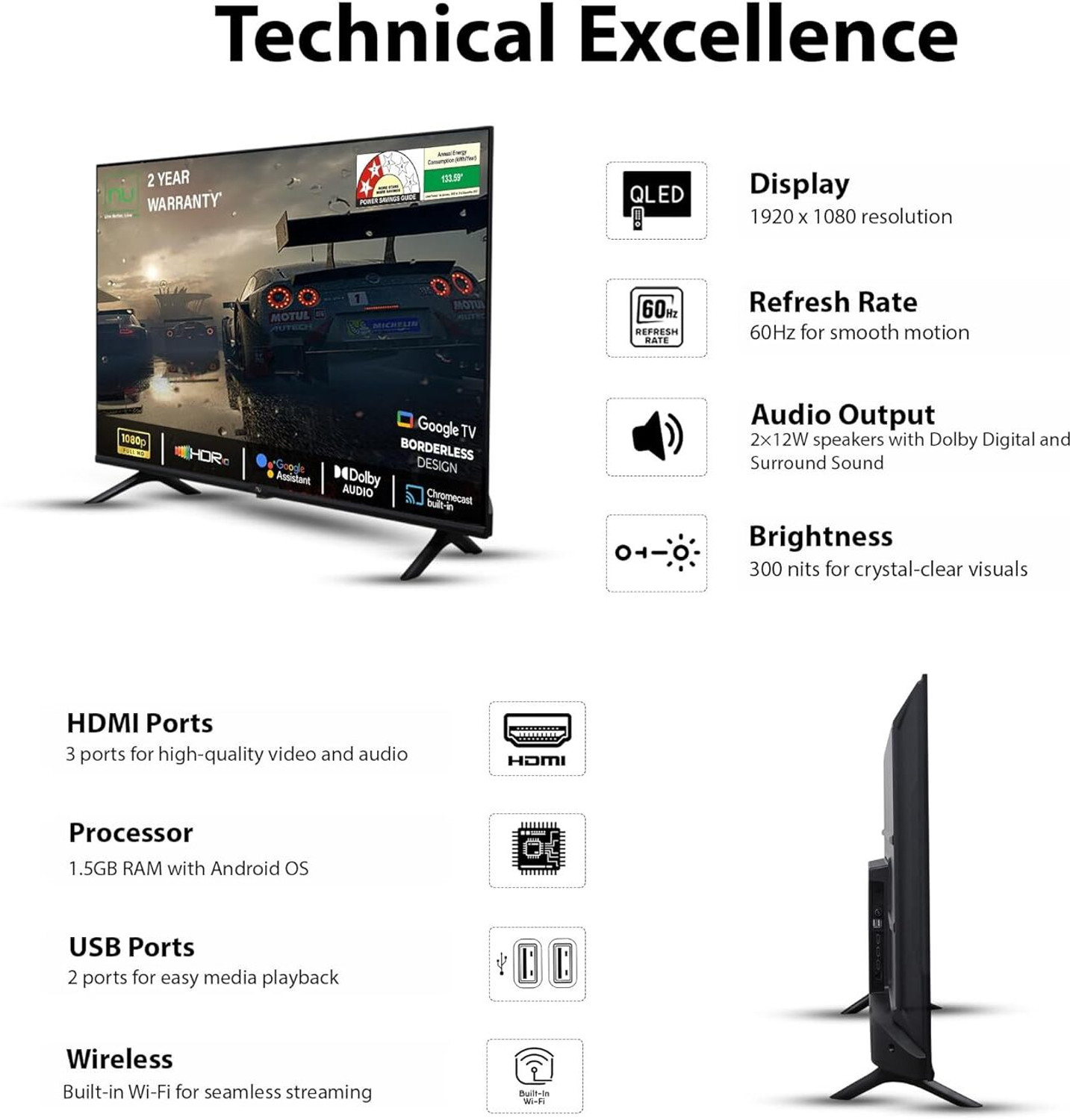 Image of NU 109.2 cm (43 inch) Ultra HD (4K) LED Smart Google TV with Mount