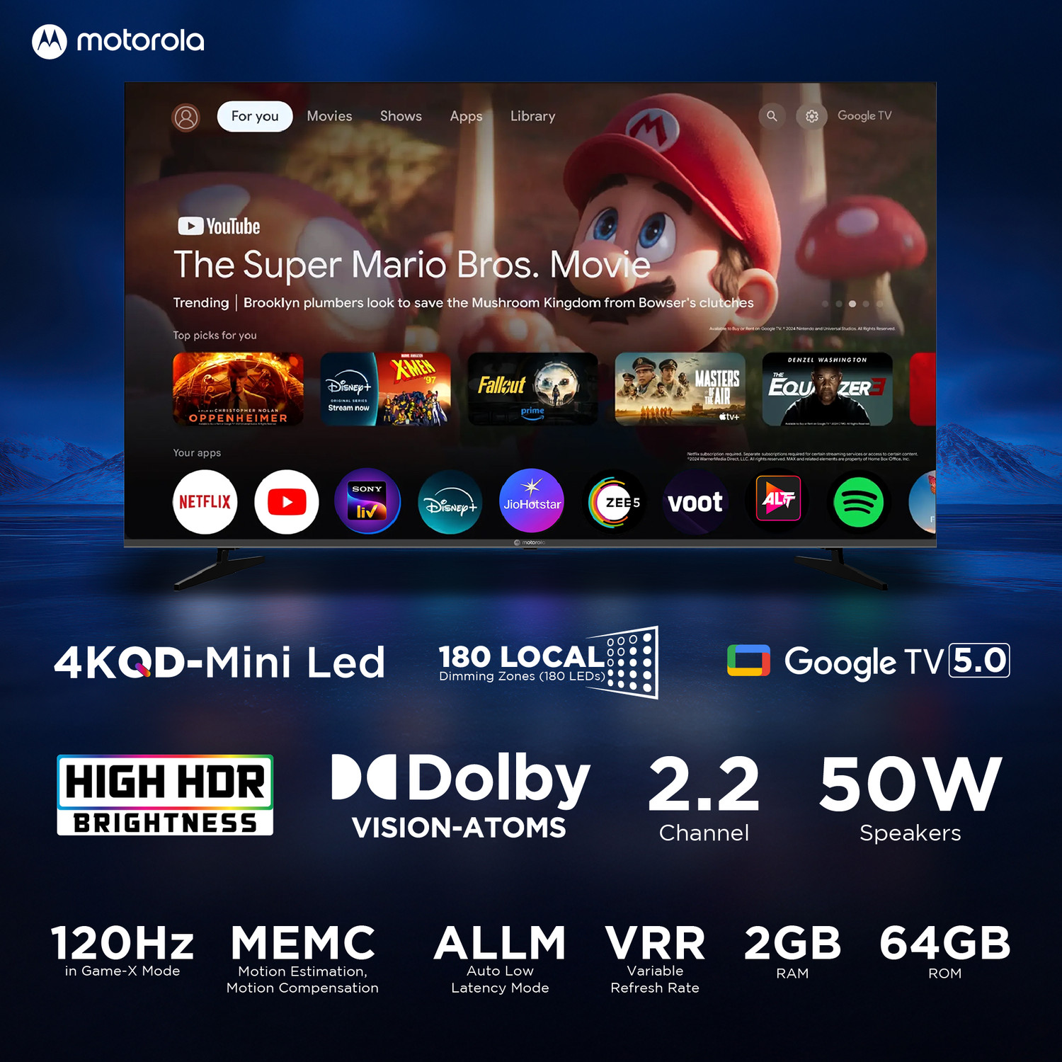 Image of MOTOROLA 190 cm (75 inch) Ultra HD (4K) Mini LED Smart Google TV 2026 Edition with QD Mini LED, 180 Local Dimming Zones / LEDs, 2.2 Channel Audio System AIPQ, Mediatek Processor, 120Hz refresh rate, Dolby Vision-Atmos, HDR10
