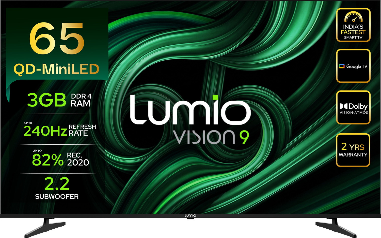 Image of Lumio Vision 9 165 cm (65 inch) Ultra HD (4K) Mini LED Smart Google TV 2026 Edition with 4K 144Hz 1080p 240Hz HDR Dolby Vision + Atmos and 800 Nits Peak Brightness Over 100% Colour India's Fastest Smart TV* with 3GB RAM