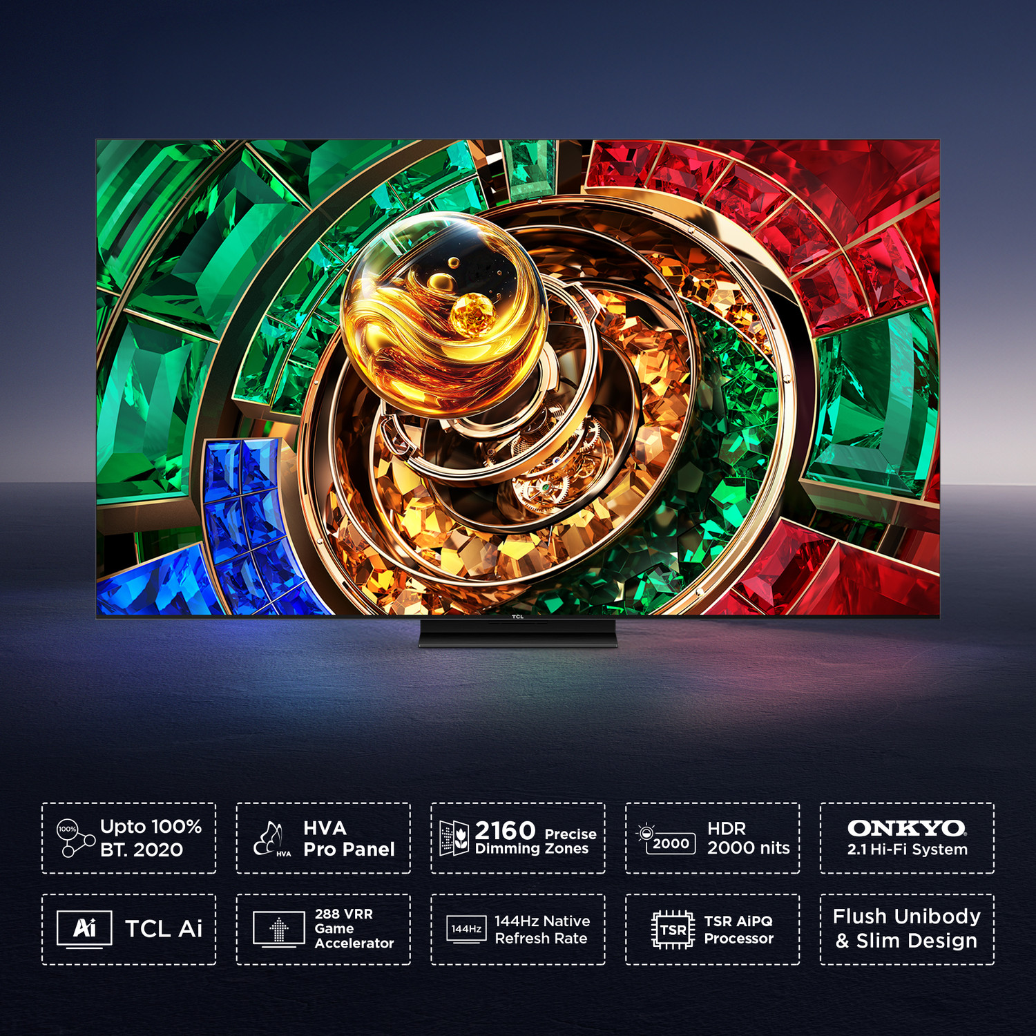 Image of TCL Q7D 163.83 cm (65 inch) Ultra HD (4K) Mini LED Smart Google TV 2026 Edition with Up to 2160 Precise Dimming Zones Up to HDR 2000 nits HVA Pro Panel with Up to 100% BT.2020 46W ONKYO 2.1Hi-Fi with Flush Unibody & Slim Design RGB-Mini LED