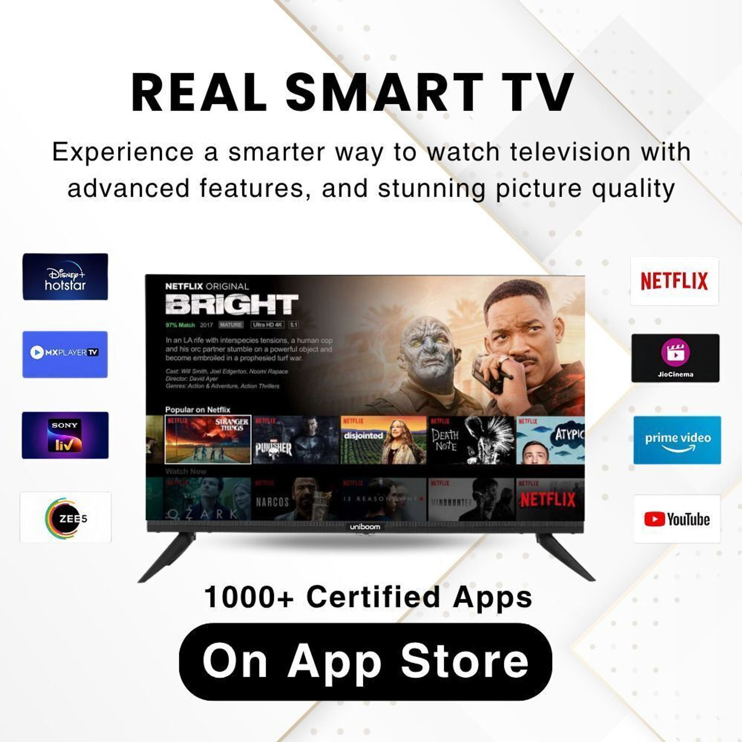 Image of Uniboom 60 cm (24 inch) HD Ready LED Smart Android TV with Voice Control App | 500+ Movies | 1000+ Certified Apps | Profile Mode| Aura Vision | Mobile Cast