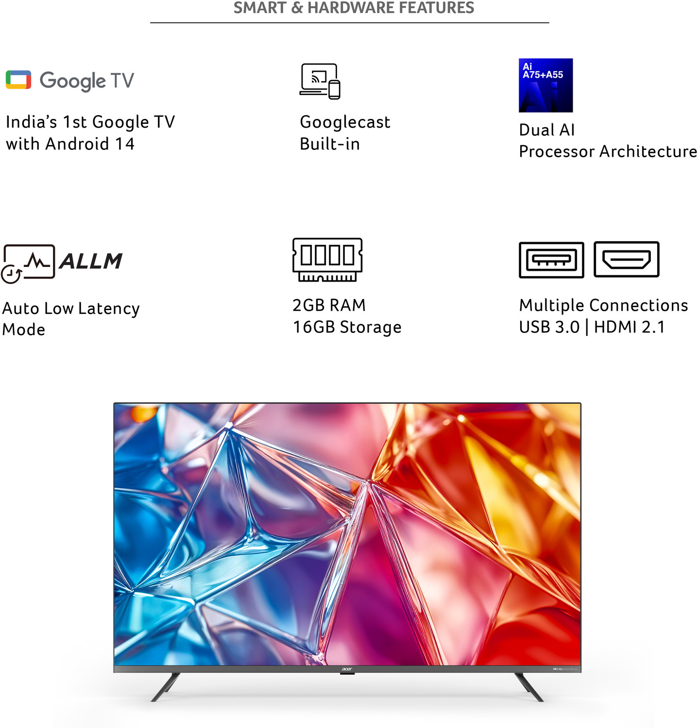 Image of Acer Super Series 127 cm (50 inch) QLED Ultra HD (4K) Smart Google TV with Android 14 (Black) | MEMC | ALLM | VRR | AI Picture Optimisation | 80W PRO Speakers | GIGA Bass | Dolby Vision-Atmos