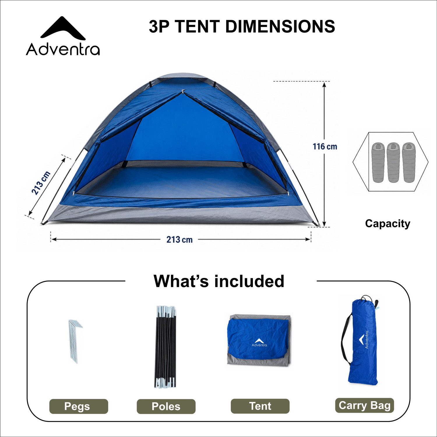 Image of Adventra 3 Person Camping Tent - ET1103 (Navy Blue) Tent - For 3P