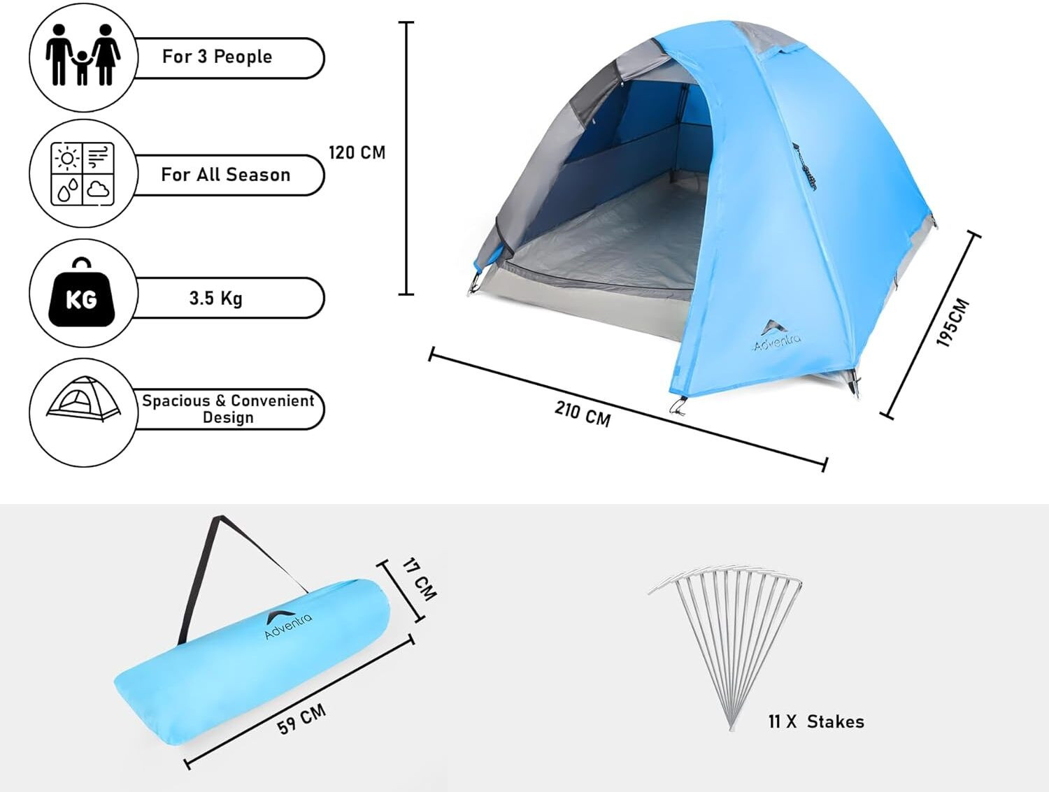 Image of Adventra Blue 3-Person Camping Tent with UV Protection & Waterproof Flysheet (ET1100) Tent - For Camping Tent (Blue)