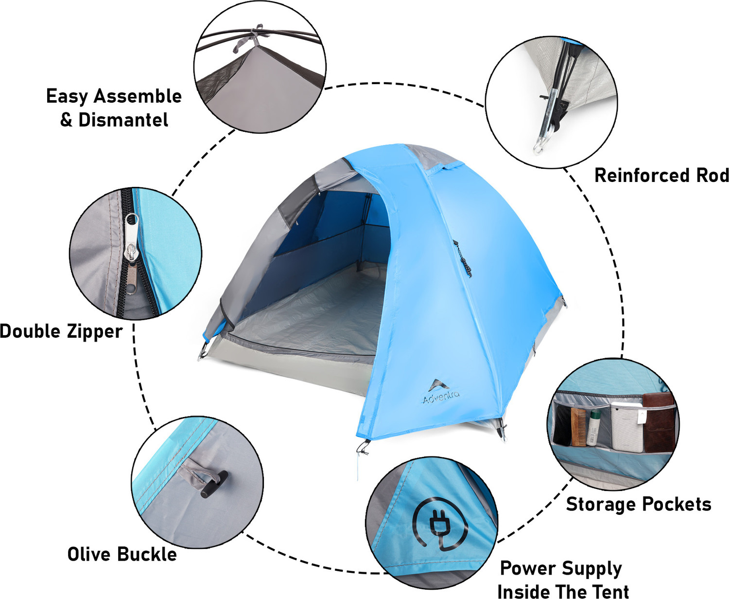Image of ADVENTRA SPORTS 3 Person Camping Tent - ET1100 - Horizon Blue / Grey Tent - For camping