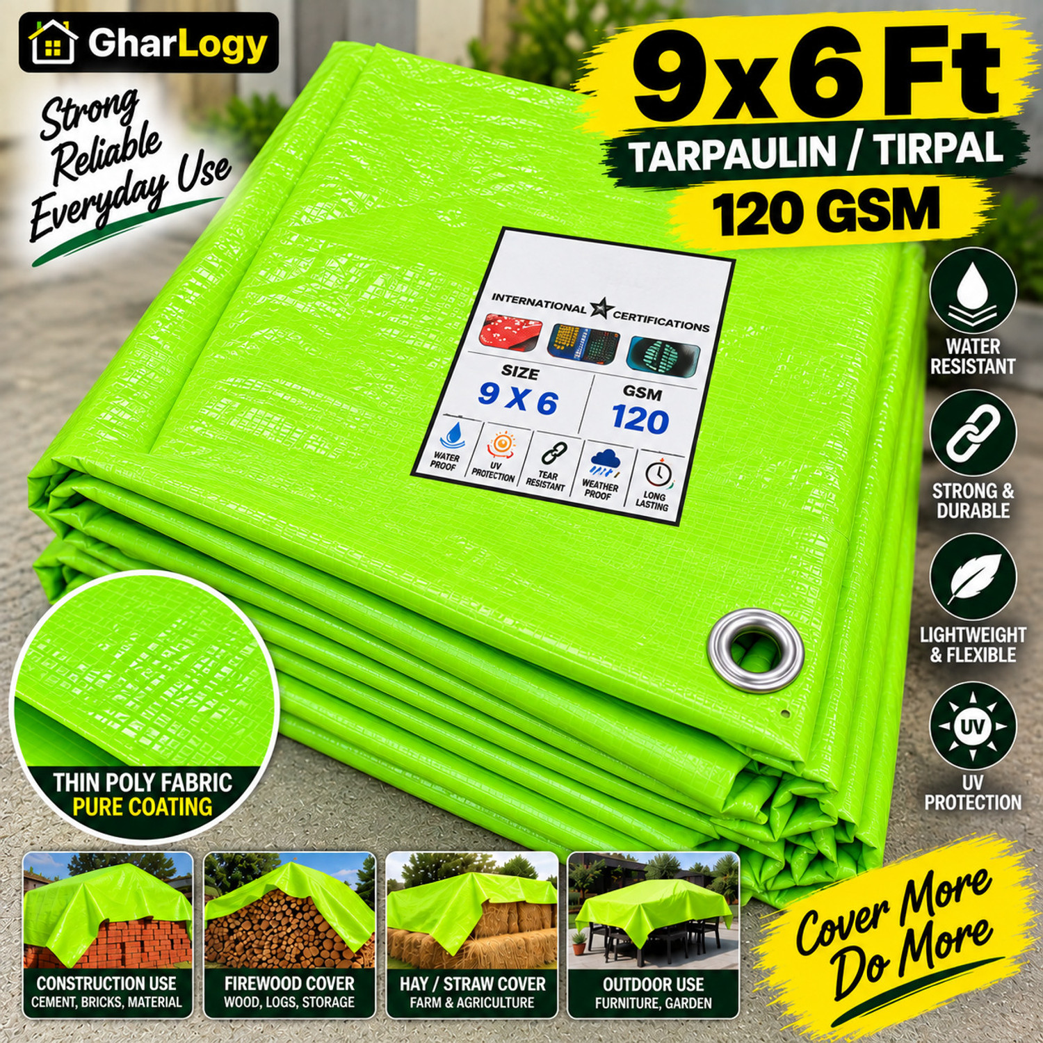 Image of GharLogy Premium 120 GSM 9x6 Ft Green Tirpal Waterproof for Multipurpose Uses Tent - For Agriculture Use, Roof Covering, Warehouse Storage, Vehicle Protection