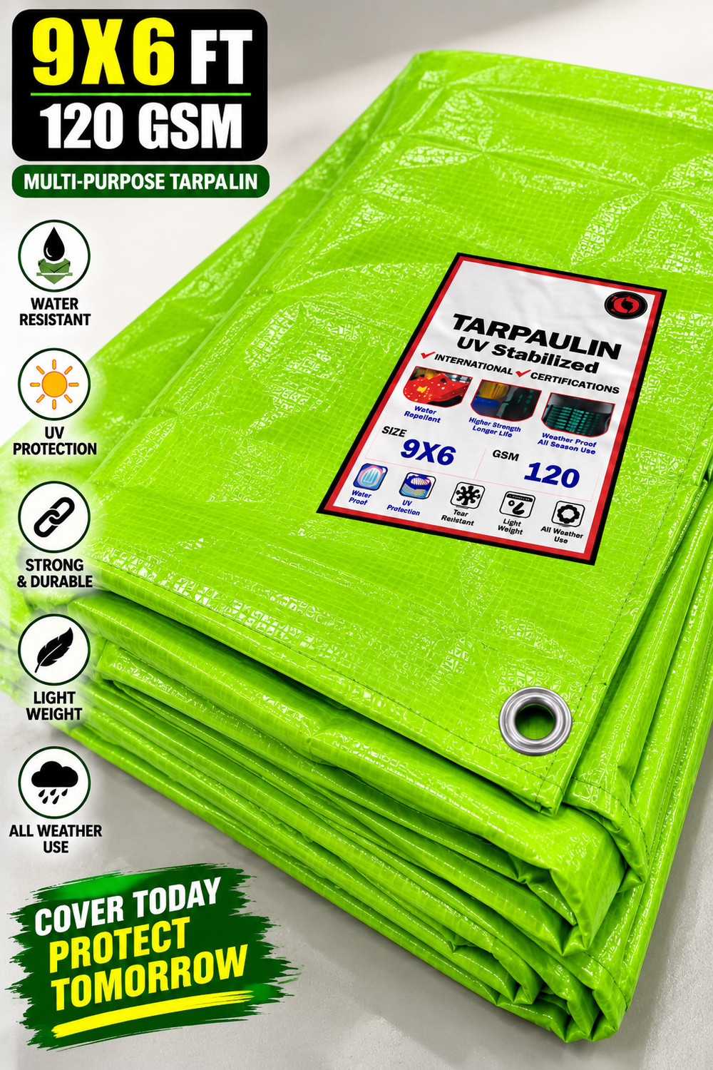 Image of GharLogy 9x6 Ft High Quality 120 GSM Waterproof Tirpal Green for Rain /Sun Protection Tent - For Agriculture Use, Roof Covering, Warehouse Storage, Vehicle Protection