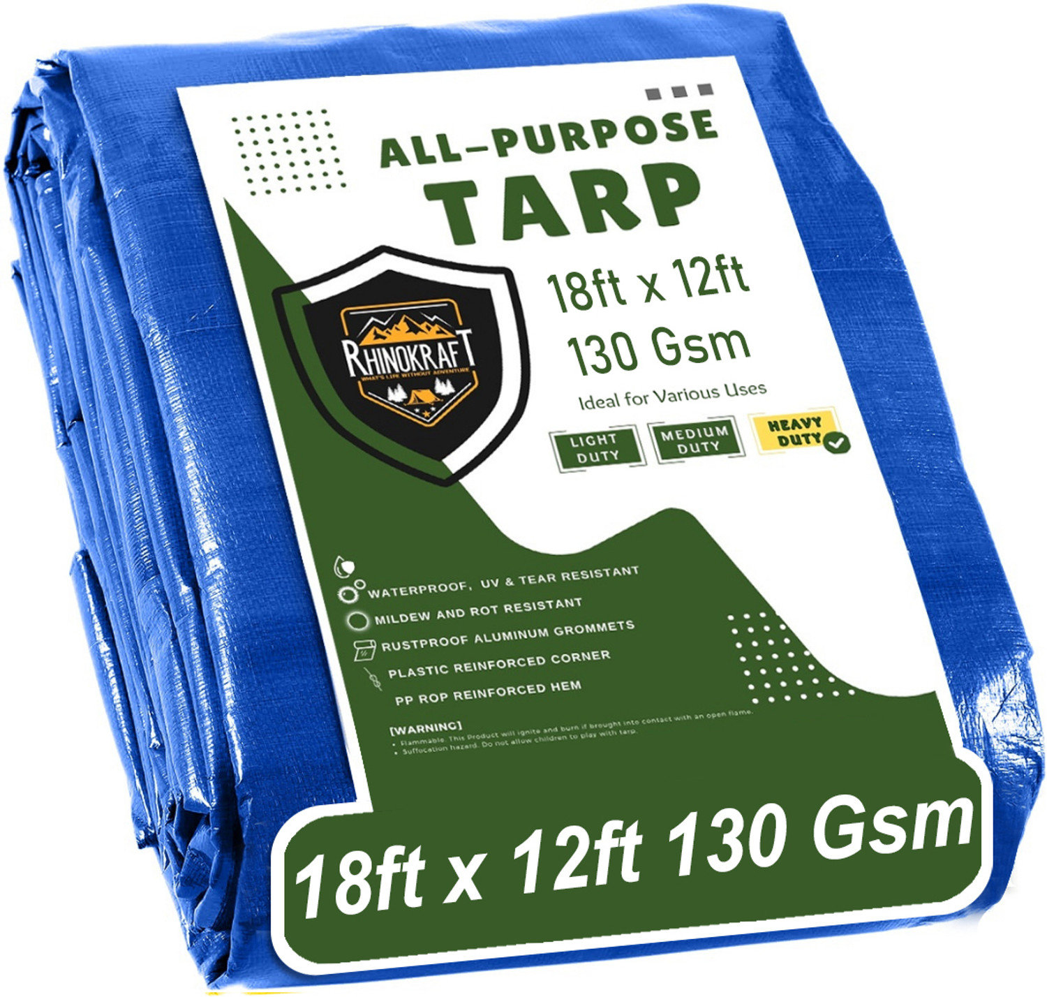 Image of RHINOKraft 18ft x 12ft, 130 GSM | Water Proof Tarpaulin Sheet for Garden use Tent - For Camping, Construction Sites, Transportation Covers, Temporary Shelters