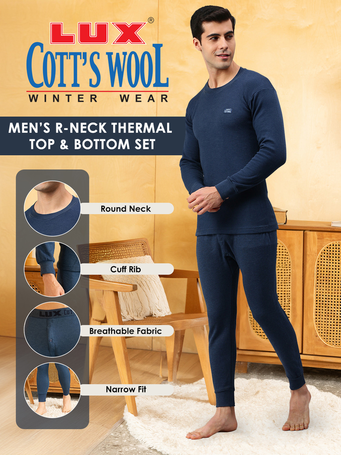 Image of LUX COTT'S WOOL TOP & PYJAMA SET Men Top - Pyjama Set Thermal