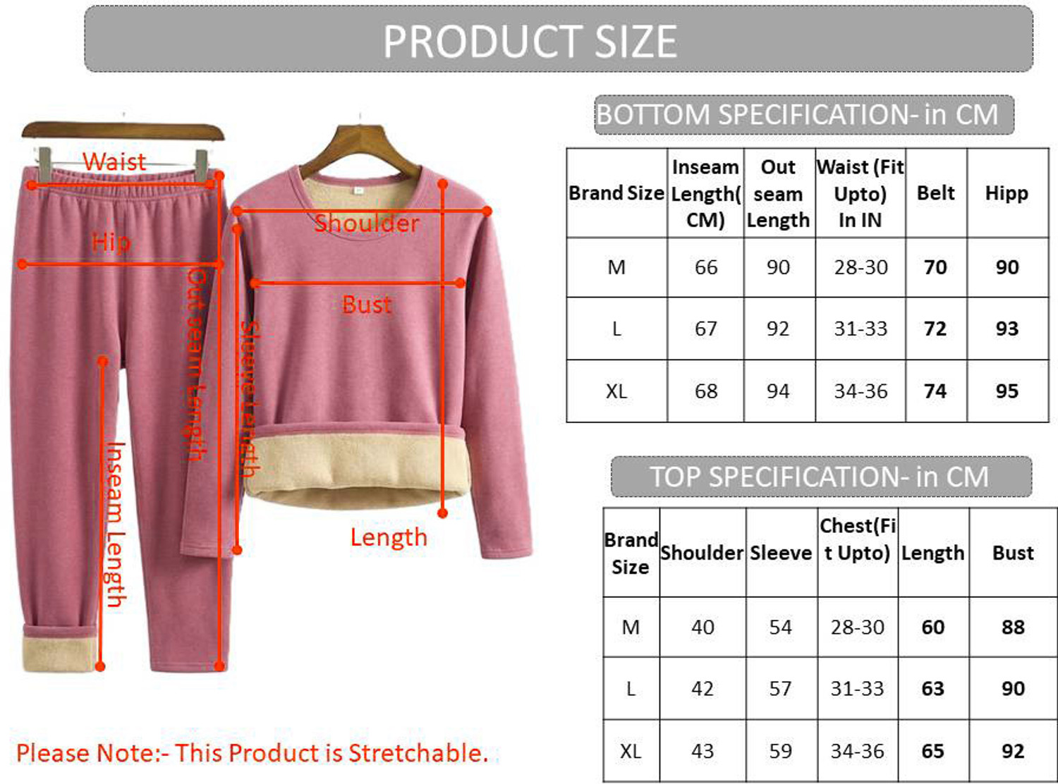 Image of AlexVyan L Size Pink Women's Fleece Thermal Set (Top & Bottom), Round Neck -Full Sleeves Women Top - Pyjama Set Thermal