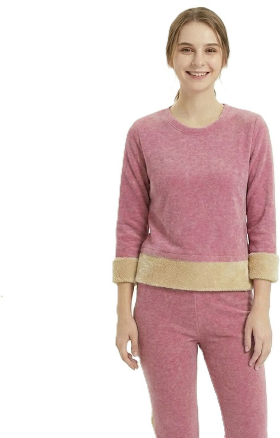 Image of AlexVyan L Size Pink Women's Fleece Thermal Set (Top & Bottom), Round Neck -Full Sleeves Women Top - Pyjama Set Thermal