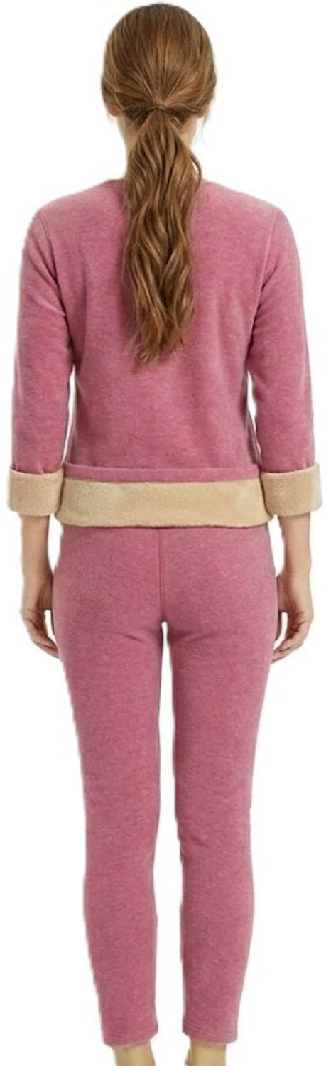 Image of AlexVyan L Size Pink Women's Fleece Thermal Set (Top & Bottom), Round Neck -Full Sleeves Women Top - Pyjama Set Thermal