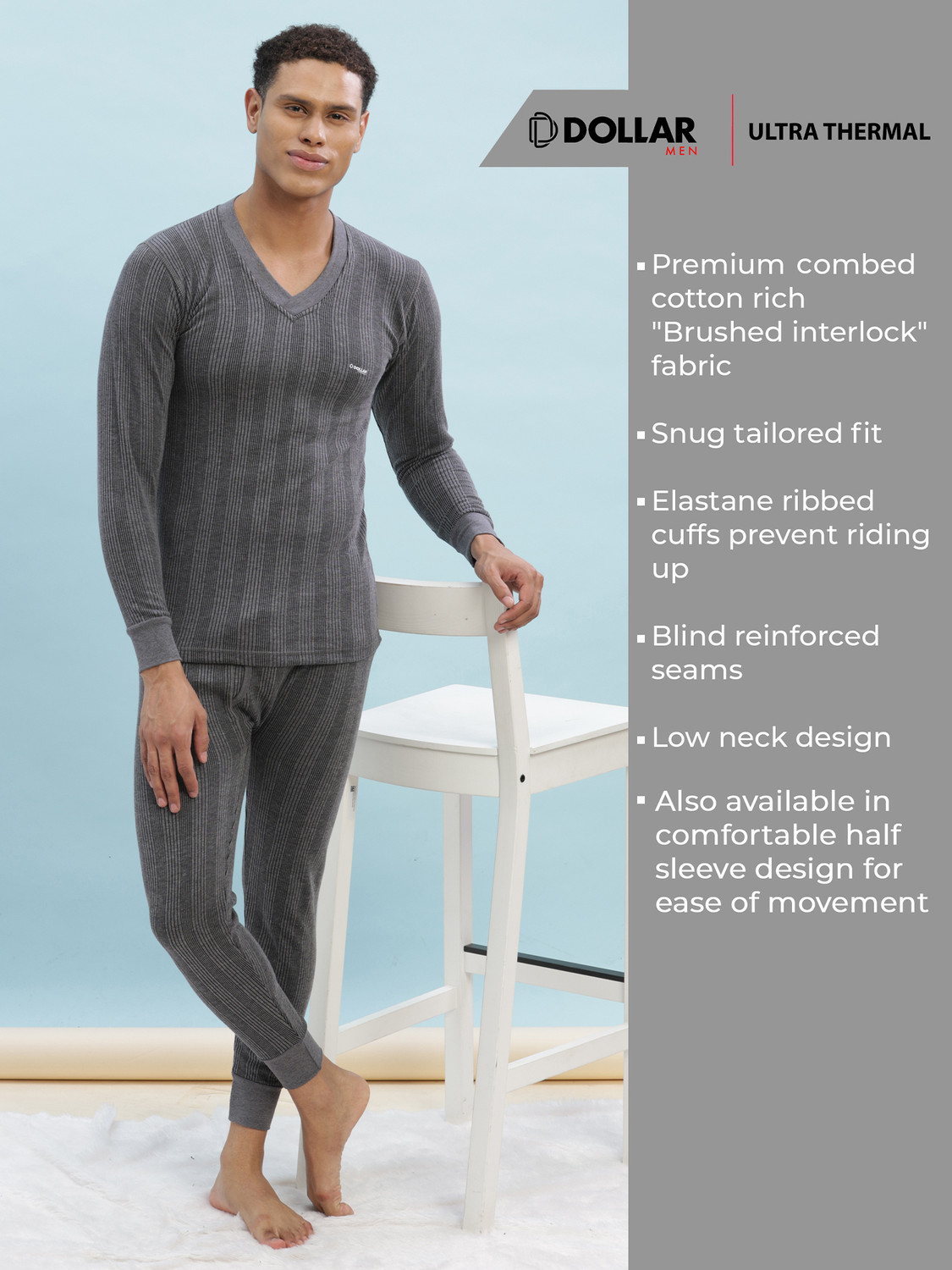 Image of Dollar Ultra Dollar Ultra Thermal Mens V Neck Top & Bottom Set Men Top - Pyjama Set Thermal