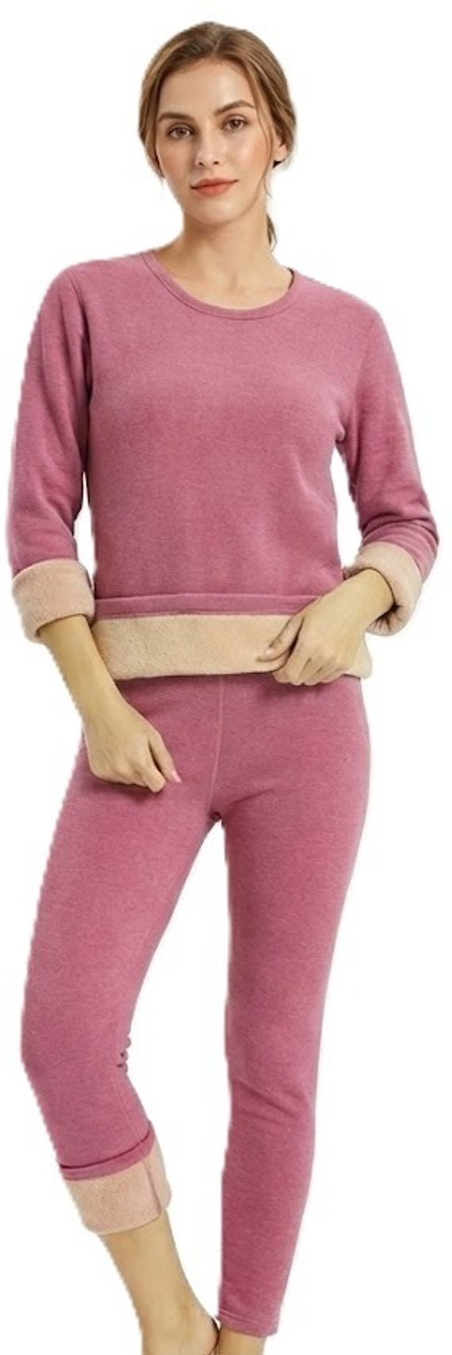 Image of AlexVyan L Size Pink Women's Fleece Thermal Set (Top & Bottom), Round Neck -Full Sleeves Women Top - Pyjama Set Thermal