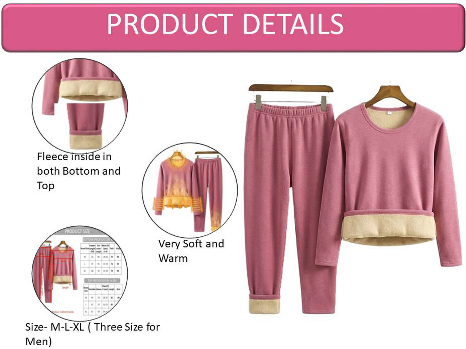 Image of AlexVyan L Size Pink Women's Fleece Thermal Set (Top & Bottom), Round Neck -Full Sleeves Women Top - Pyjama Set Thermal