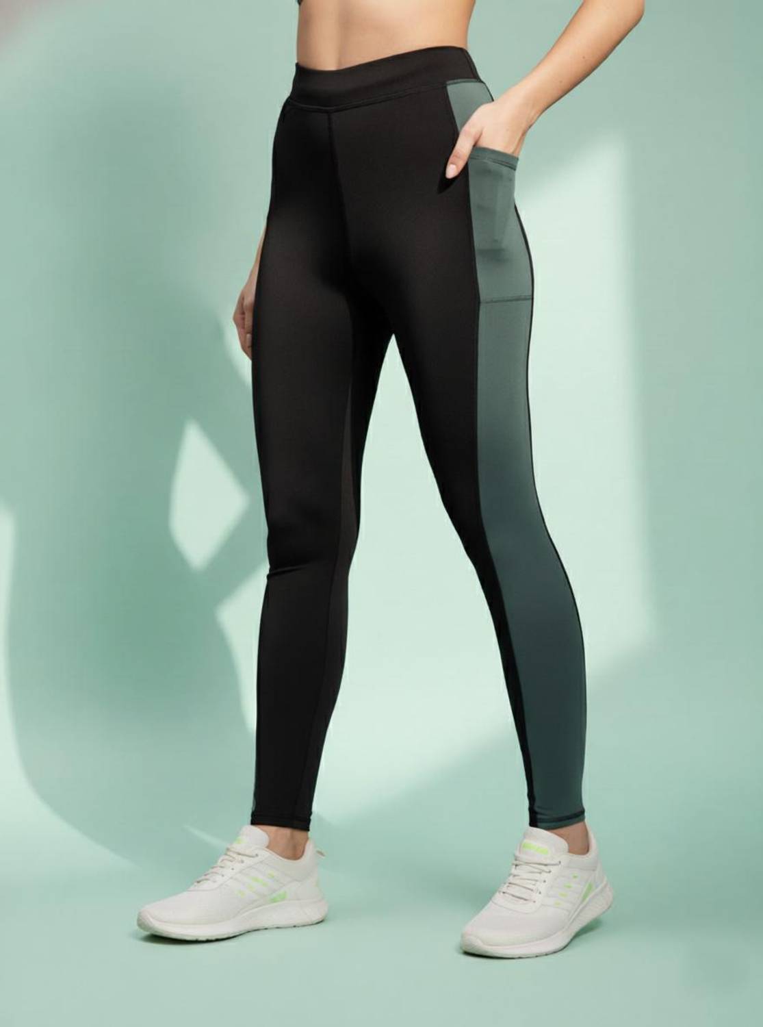 BLINKIN Color Block Women Black, Dark Green Tights