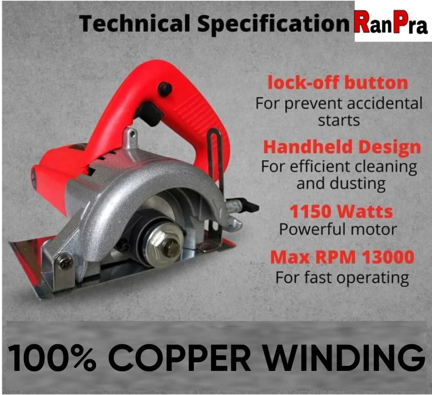 Image of RanPra COMBO OF MARBLE CUTTER WITH TCT & DIAMOND BLADE AND 6 HAND TOOL KIT Marble Cutter (1150 W)
