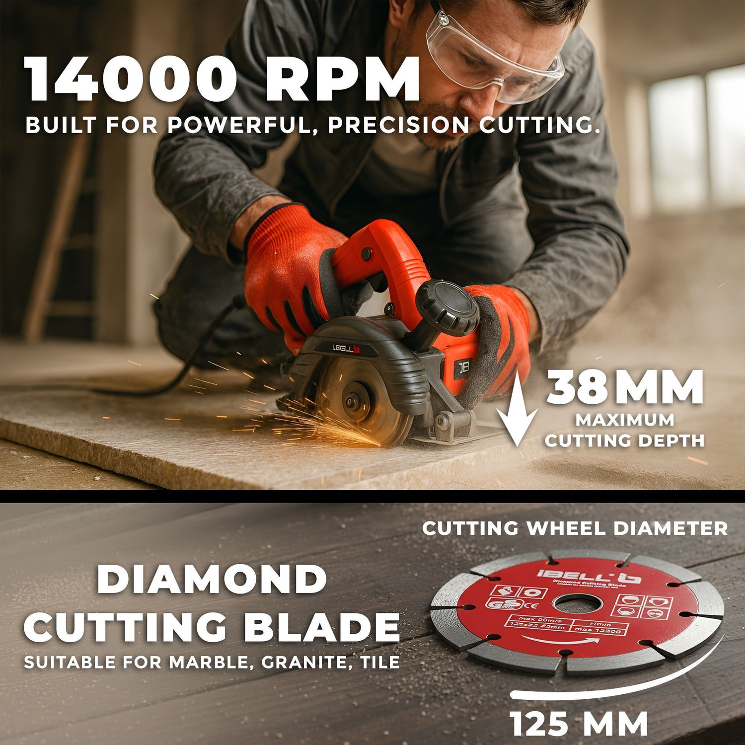 Image of iBELL IBL MC25-60 Marble Cutter,1600W Motor,14000 RPM,125mm Blade, 38mm Cutting Depth, Marble Cutter