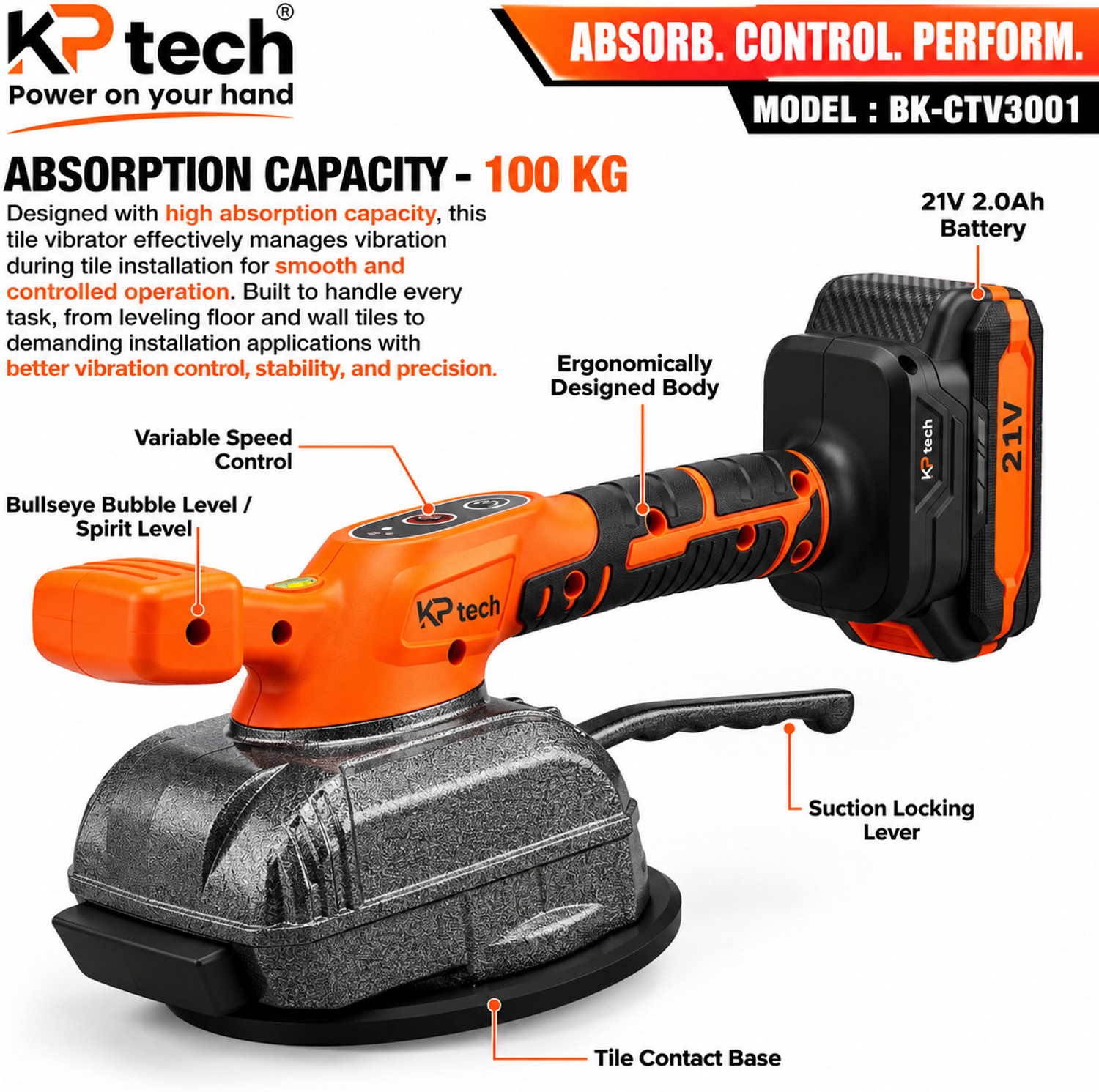 Image of KP TECH Tile Vibrator 21V 2.0Ah, 320W, 120mm Suction Cup, 15000 VPM, 2 x 2.0Ah Battery Handheld Tile Cutter (320 W)