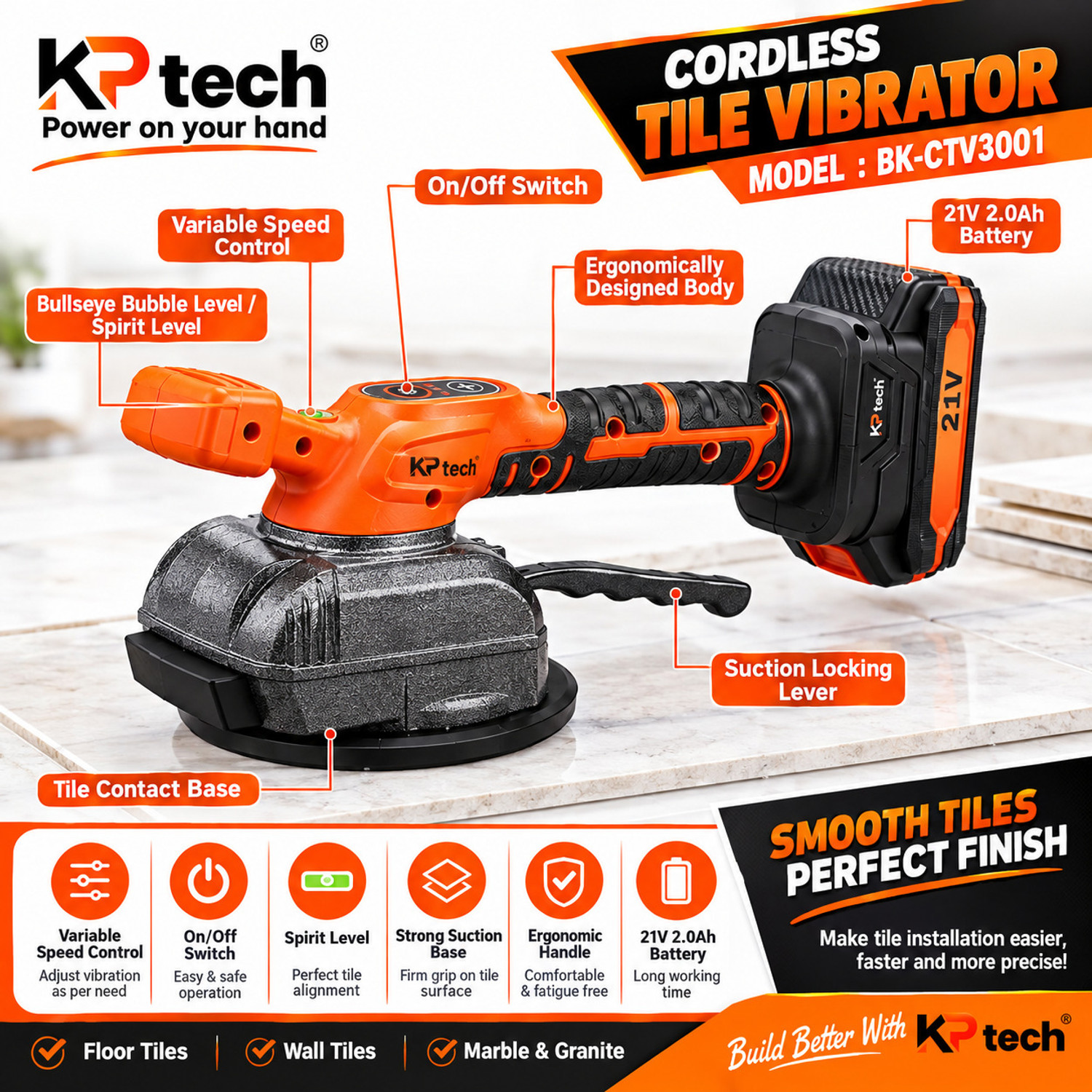 Image of KP TECH Tile Vibrator 21V 2.0Ah, 320W, 120mm Suction Cup, 15000 VPM, 2 x 2.0Ah Battery Handheld Tile Cutter (320 W)