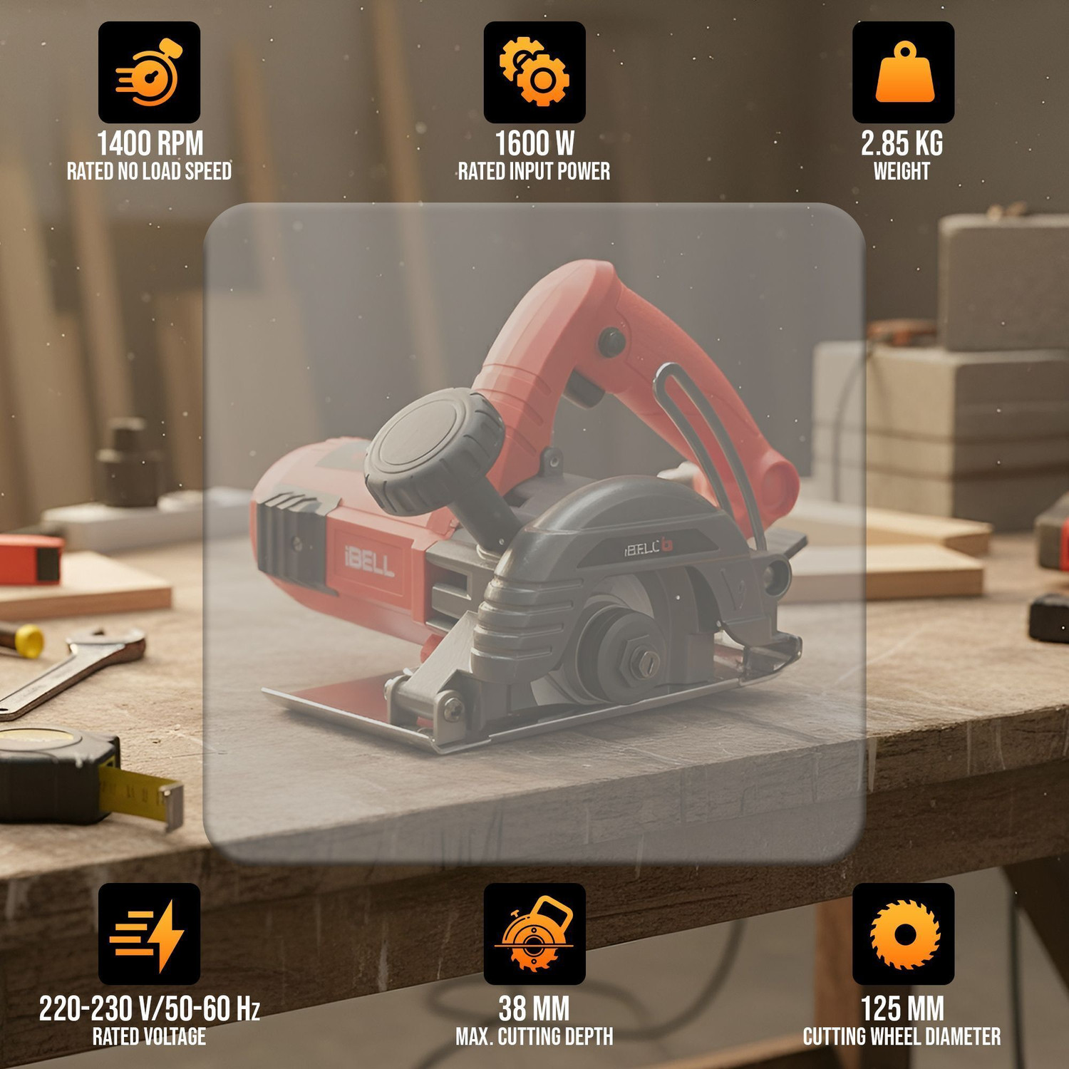 Image of iBELL IBL MC25-60 Marble Cutter,1600W Motor,14000 RPM,125mm Blade, 38mm Cutting Depth, Marble Cutter
