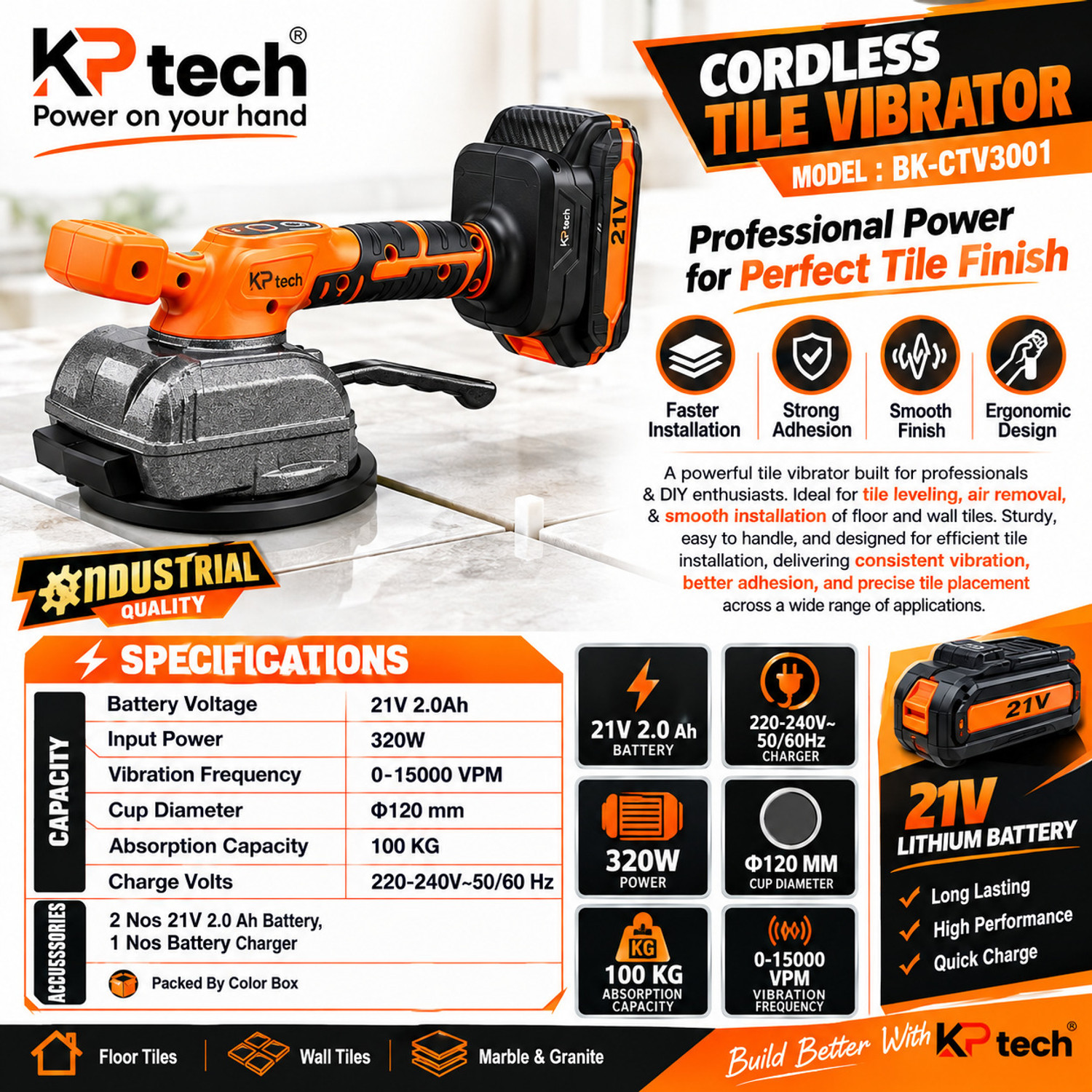 Image of KP TECH Tile Vibrator 21V 2.0Ah, 320W, 120mm Suction Cup, 15000 VPM, 2 x 2.0Ah Battery Handheld Tile Cutter (320 W)