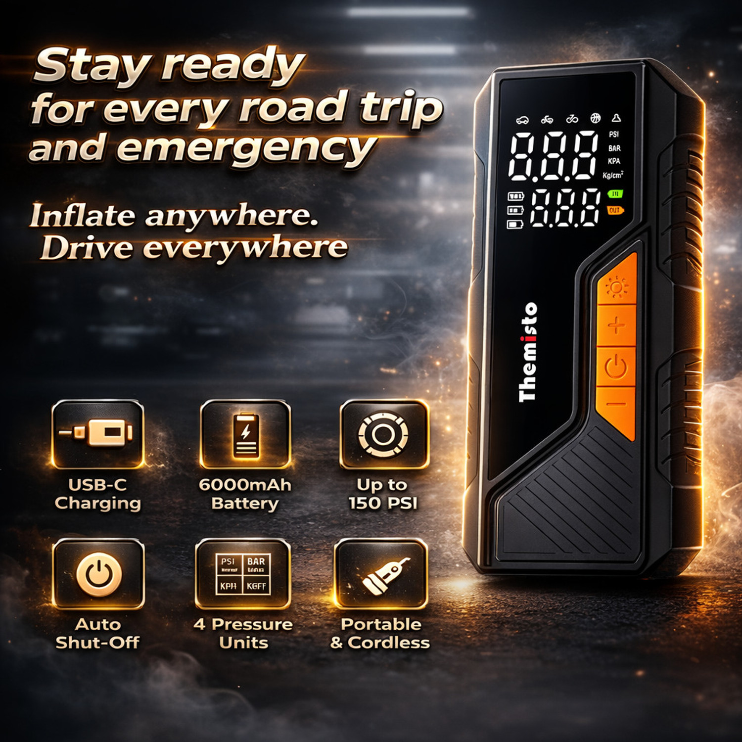 Image of tHemiStO TH-TY04 Cordless Tyre Inflator 12V DC 150 psi Tyre Air Pump for Car & Bike
